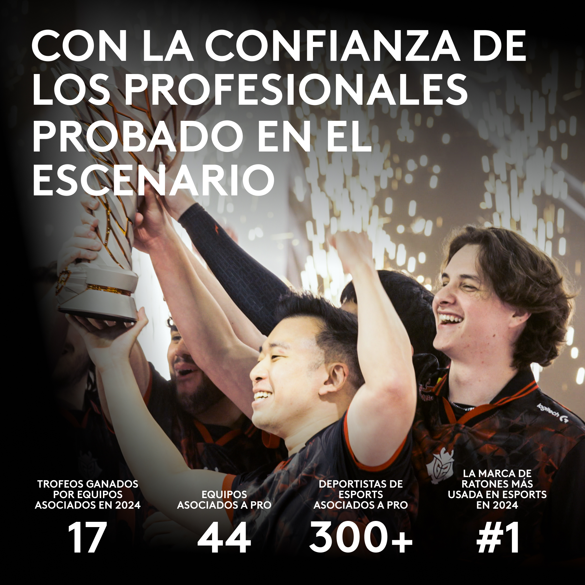 Grupo de personas celebrando con un trofeo. Texto: estadísticas de esports: 17, 44, 300+ y #1.