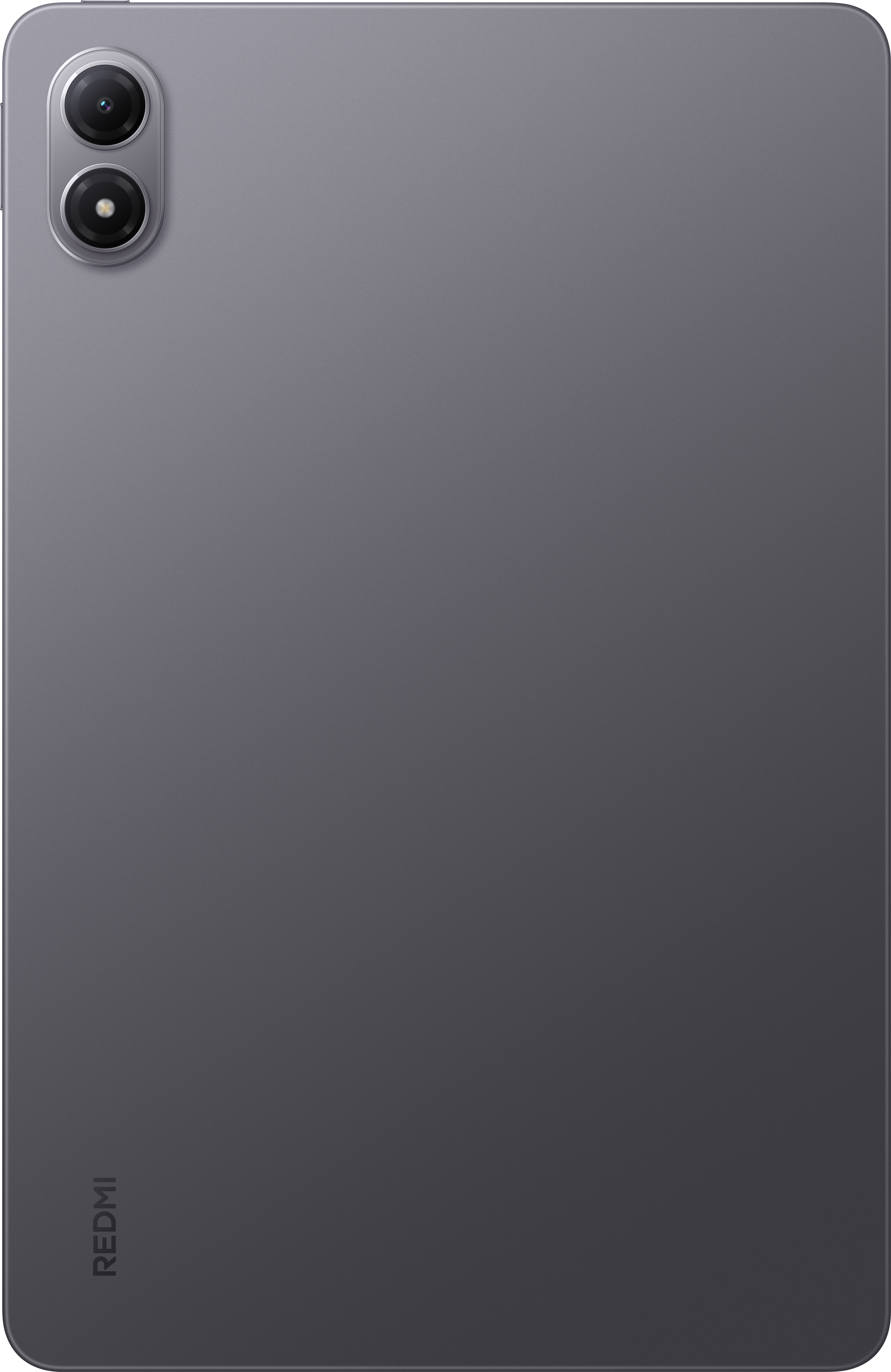 Szary tablet. Ma dwa aparaty u góry. Logo Redmi jest na dole.