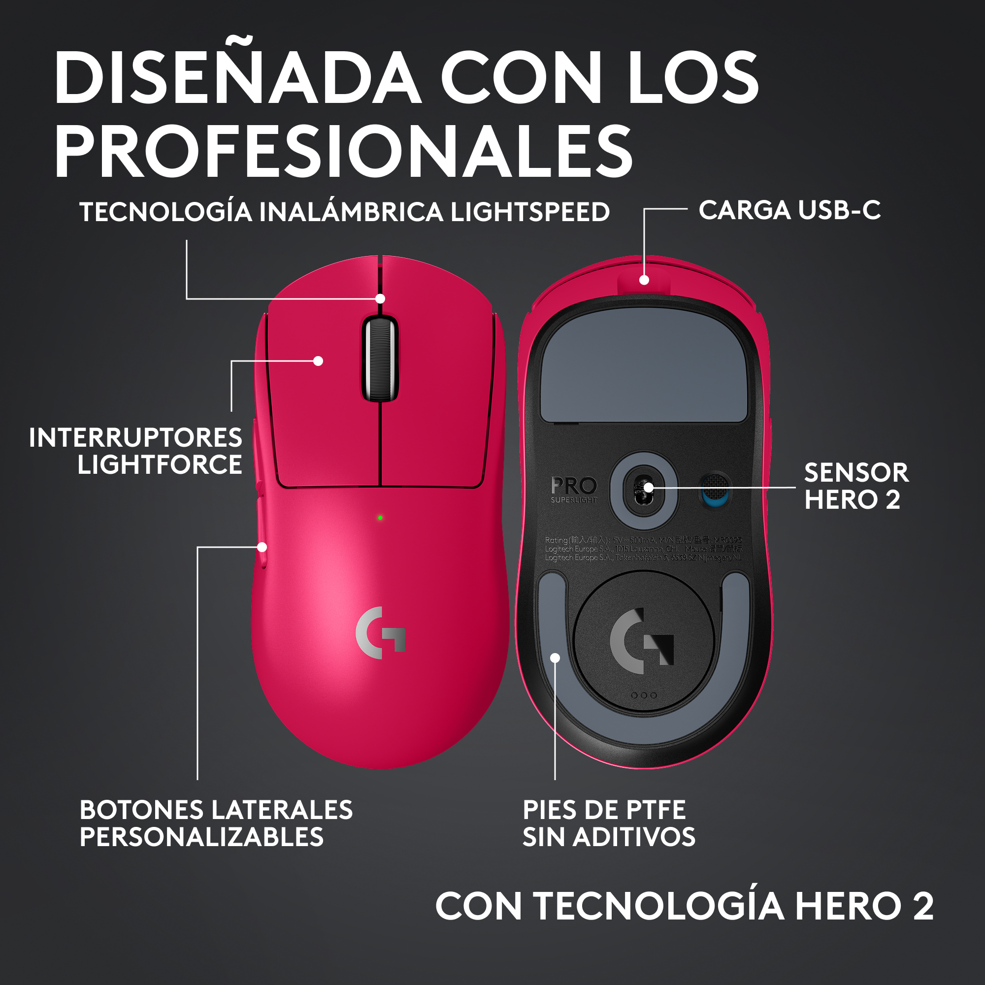 Ratón inalámbrico rosa con funciones: Lightspeed, USB-C, Lightforce, botones personalizables, pies PTFE y sensor Hero 2.