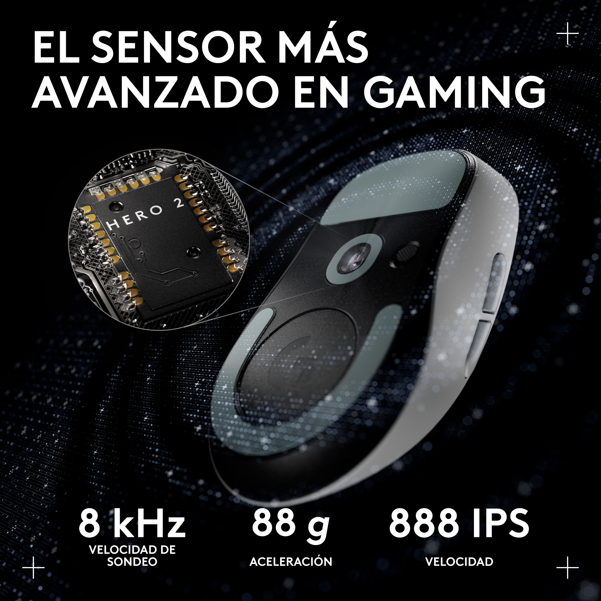 Se muestra un ratón gaming con sensor HERO 2. Los detalles incluyen una frecuencia de sondeo de 8 kHz, 88 g de peso y 888 IPS de velocidad.