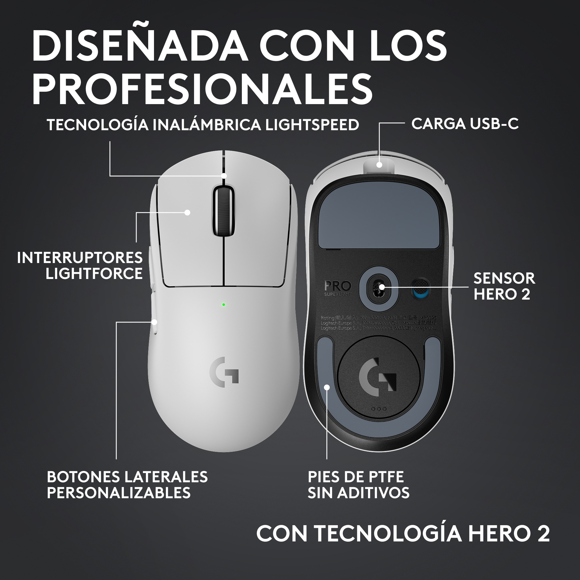 Imagen de un ratón gaming blanco. Destaca características como carga USB-C, interruptores Lightforce y sensor Hero 2.