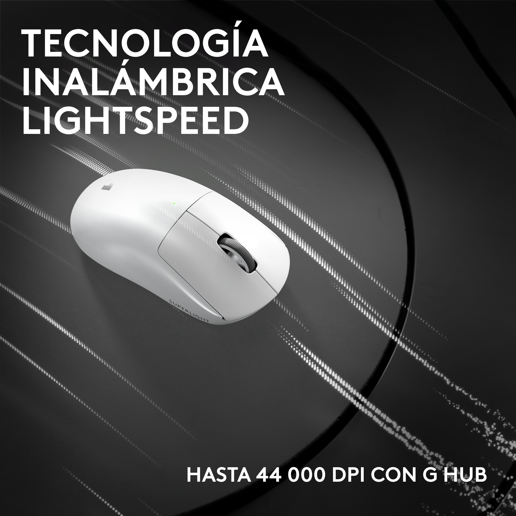 Un ratón inalámbrico blanco sobre una superficie oscura. El texto dice 'Tecnología Inalámbrica Lightspeed' y 'Hasta 44 000 DPI con G HUB'.