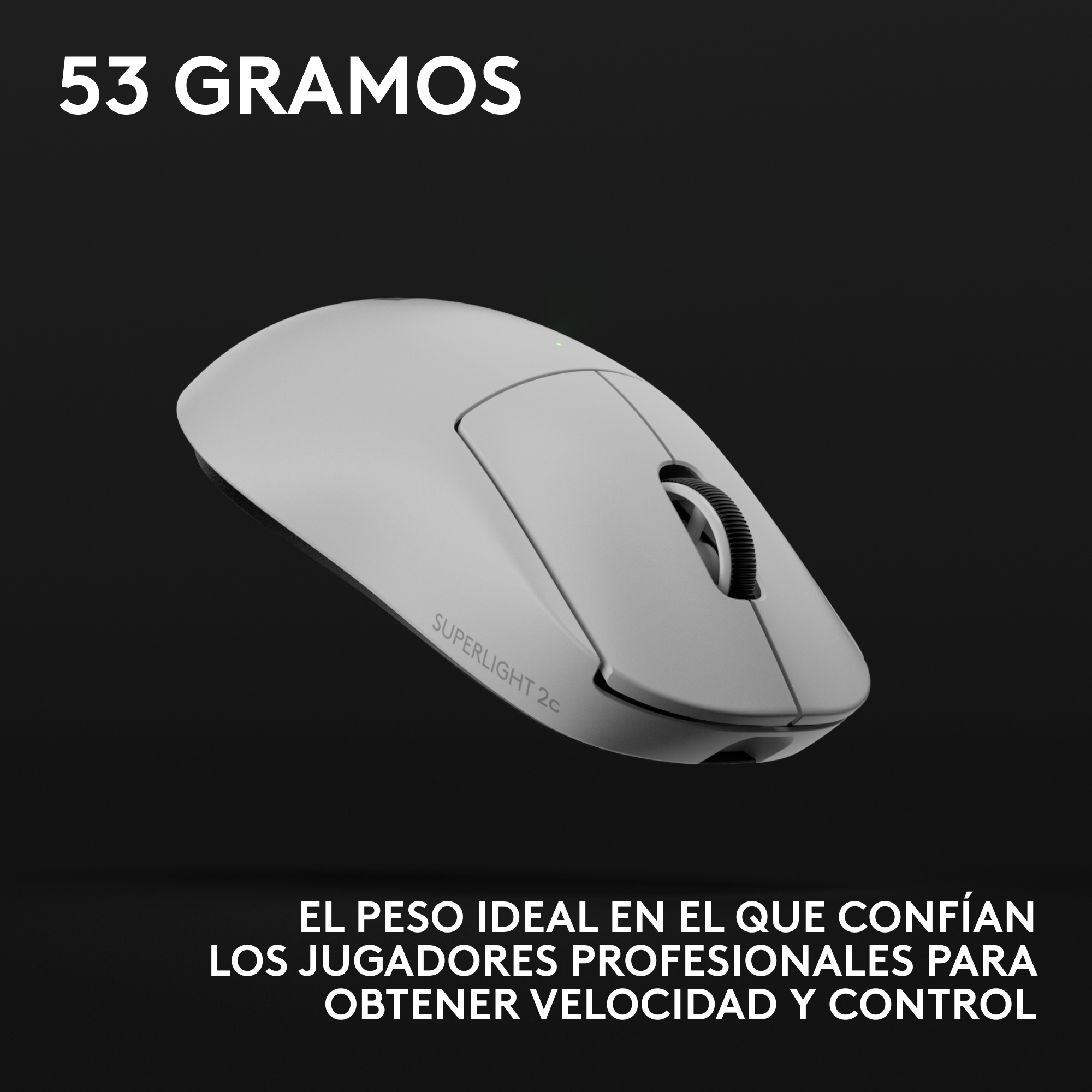 Un ratón gaming blanco con rueda de desplazamiento sobre fondo negro. Texto arriba: 53 GRAMOS. Texto abajo.