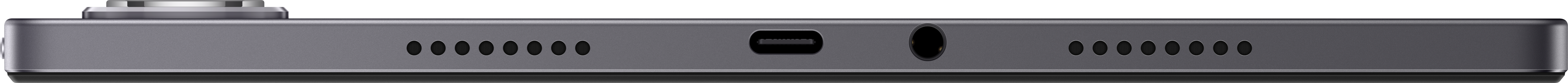 Dolna krawędź szarego tabletu ma otwory głośnikowe, port USB-C, gniazdo słuchawkowe i więcej otworów głośnikowych.