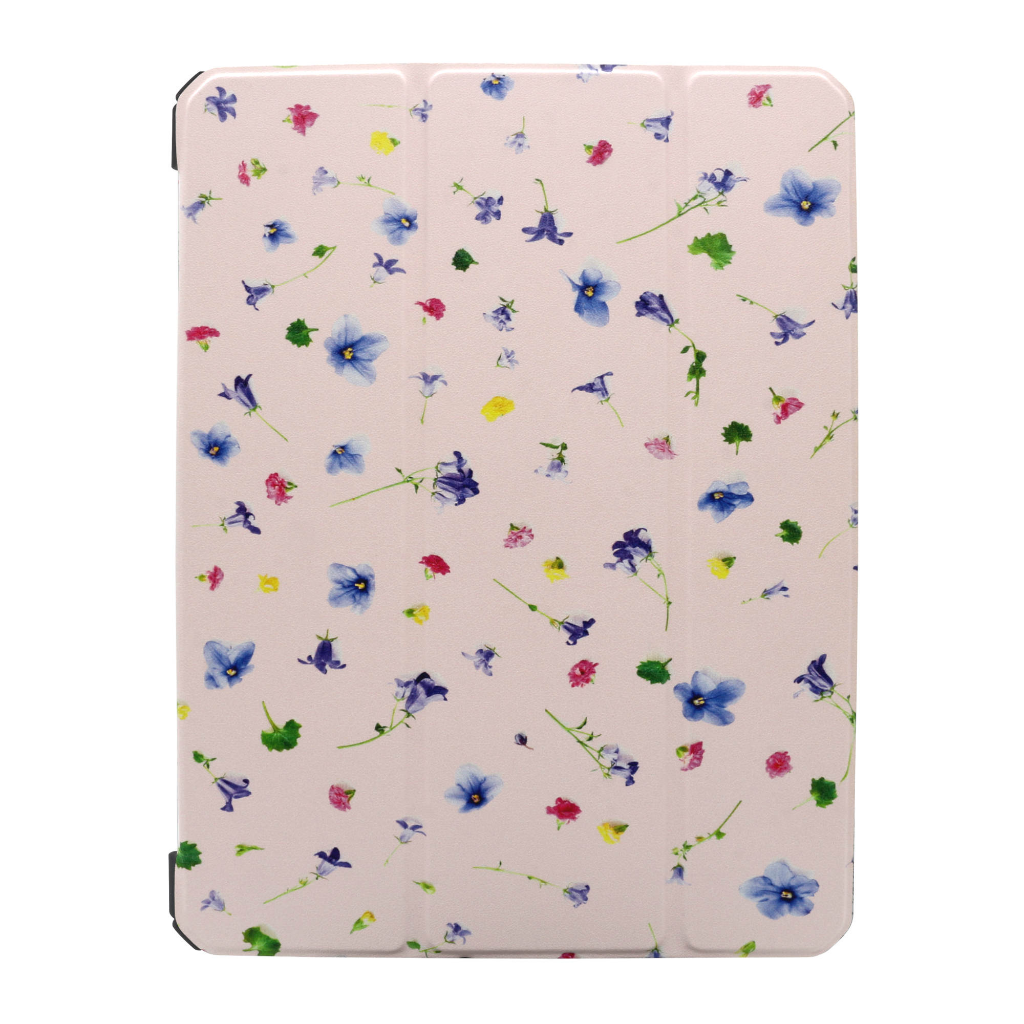 Eine Tablet-Hülle mit rosa Hintergrund und einem Blumenmuster aus blauen, lila, gelben und rosa Blumen.