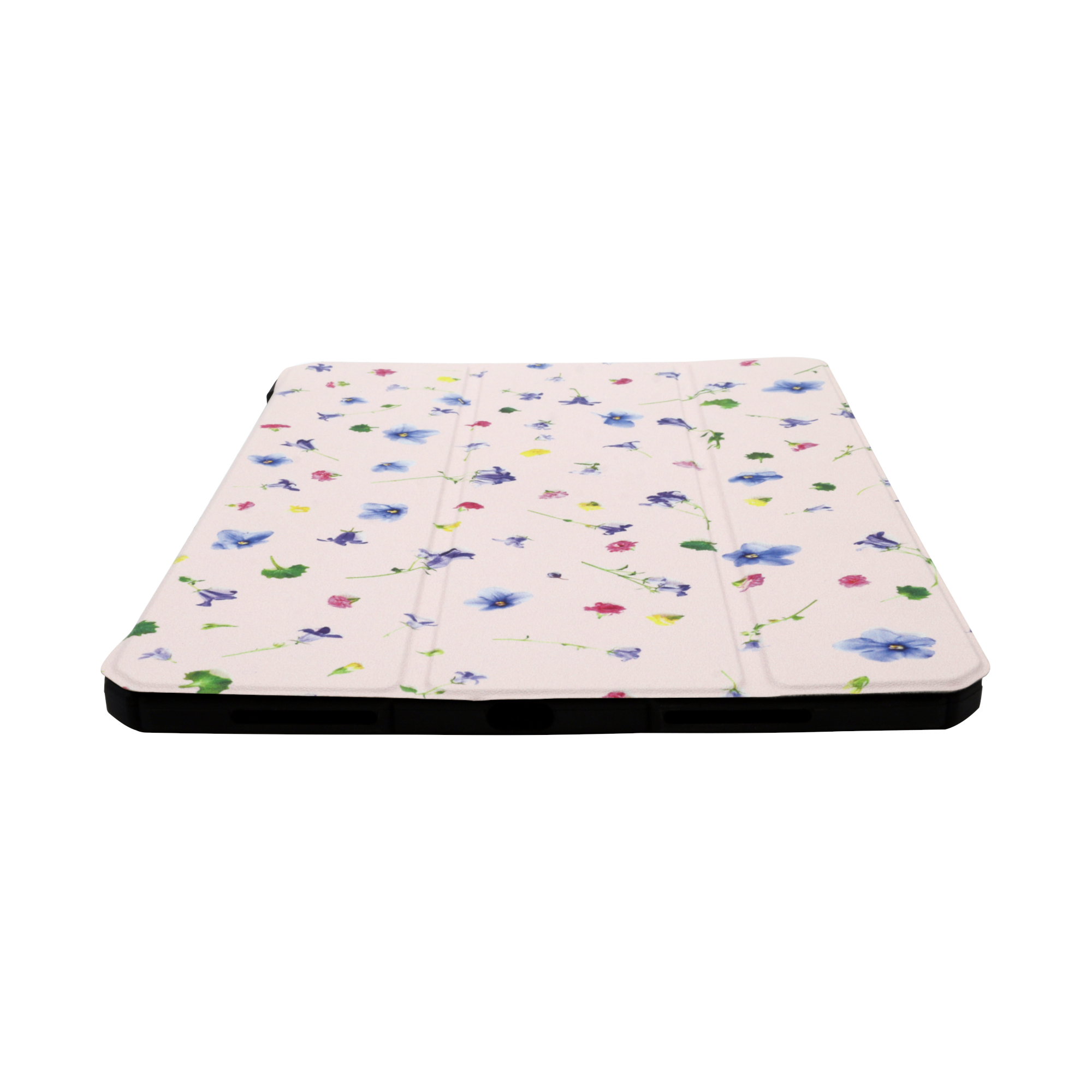 Eine Tablet-Hülle mit einem Blumenmuster aus blauen, rosa und gelben Blumen auf weißem Hintergrund. Schwarze Ränder.