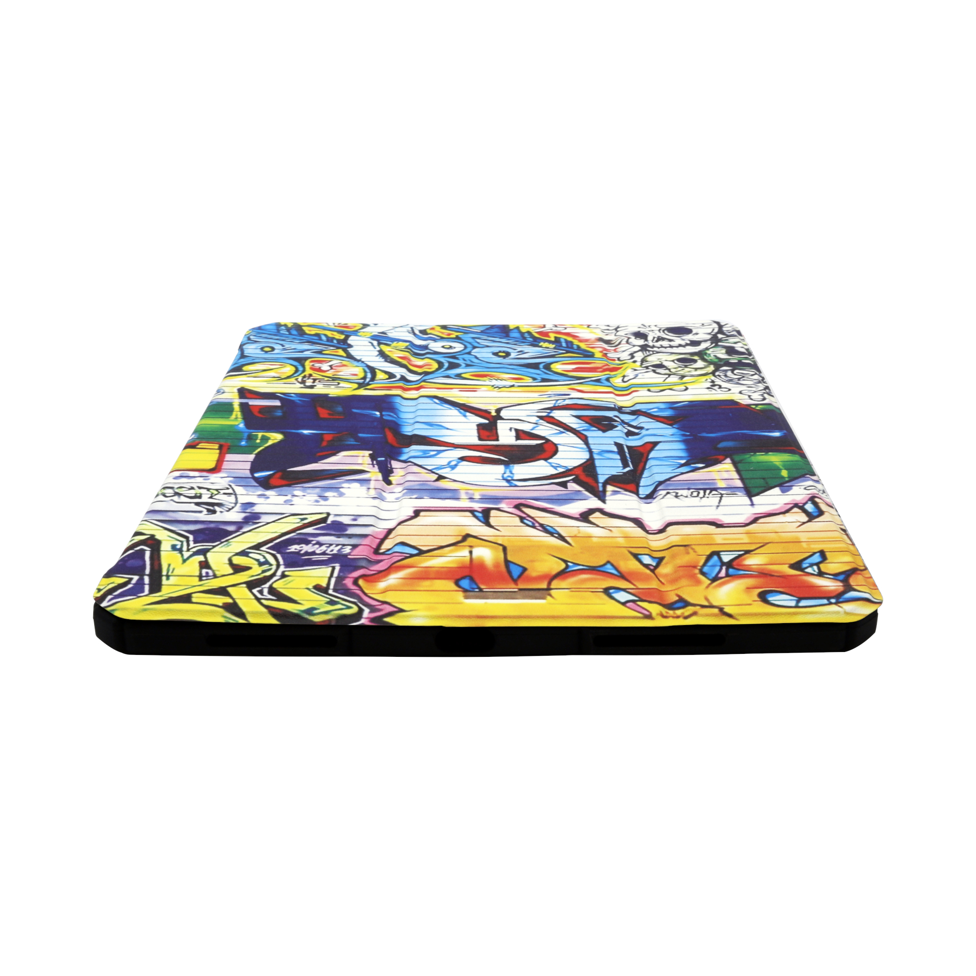 Eine Handyhülle mit farbenfroher Graffiti-Kunst, die stilisierte Buchstaben und Symbole in verschiedenen Farben vor weißem Hintergrund zeigt.