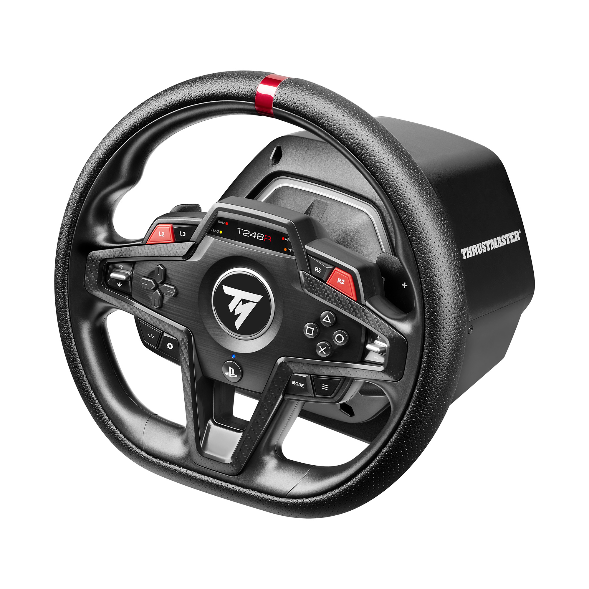 Schwarzes Thrustmaster T248R-Lenkrad mit roten Akzenten. Enthält Tasten, ein zentrales Logo und einen strukturierten Griff.
