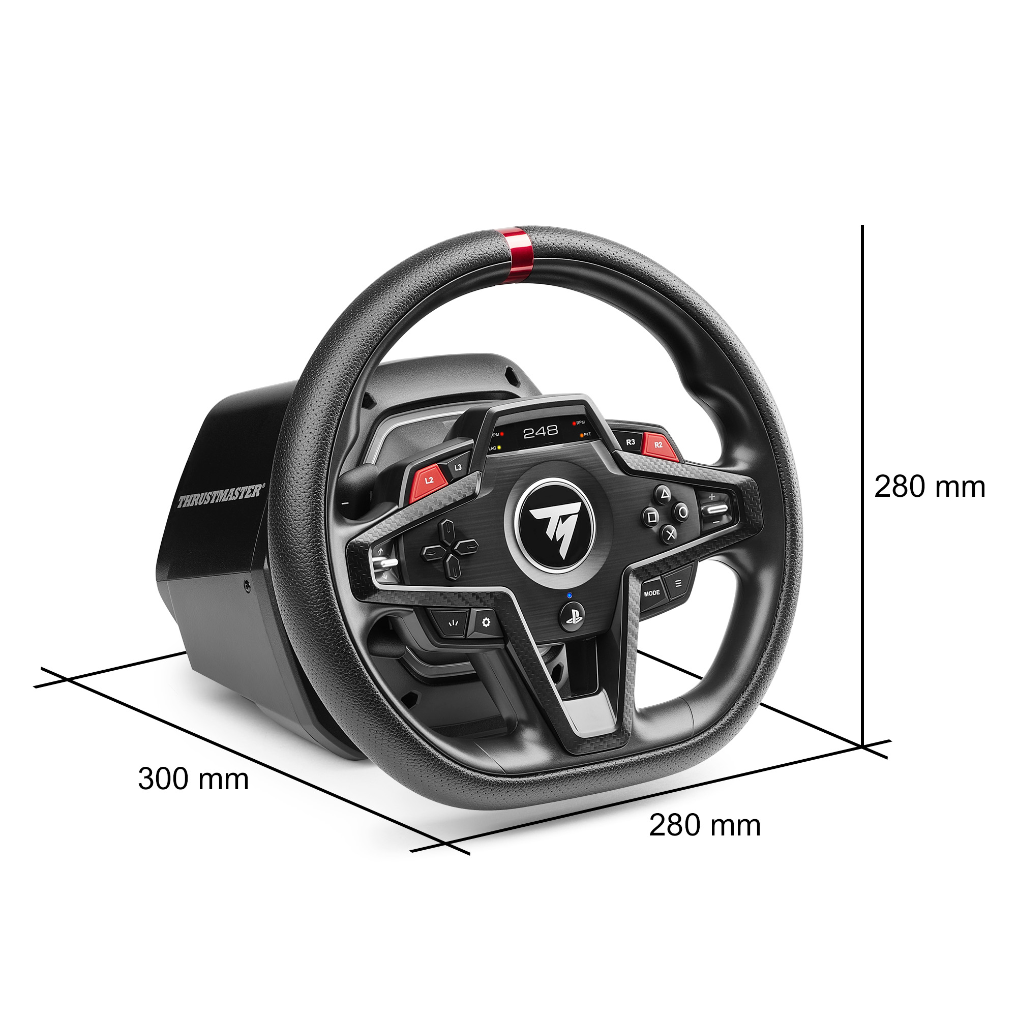 Schwarzes Thrustmaster-Rennlenkrad. Mit Knöpfen, Display und roten Akzenten. Abmessungen: 300x280x280 mm. PlayStation-Logo vorhanden.