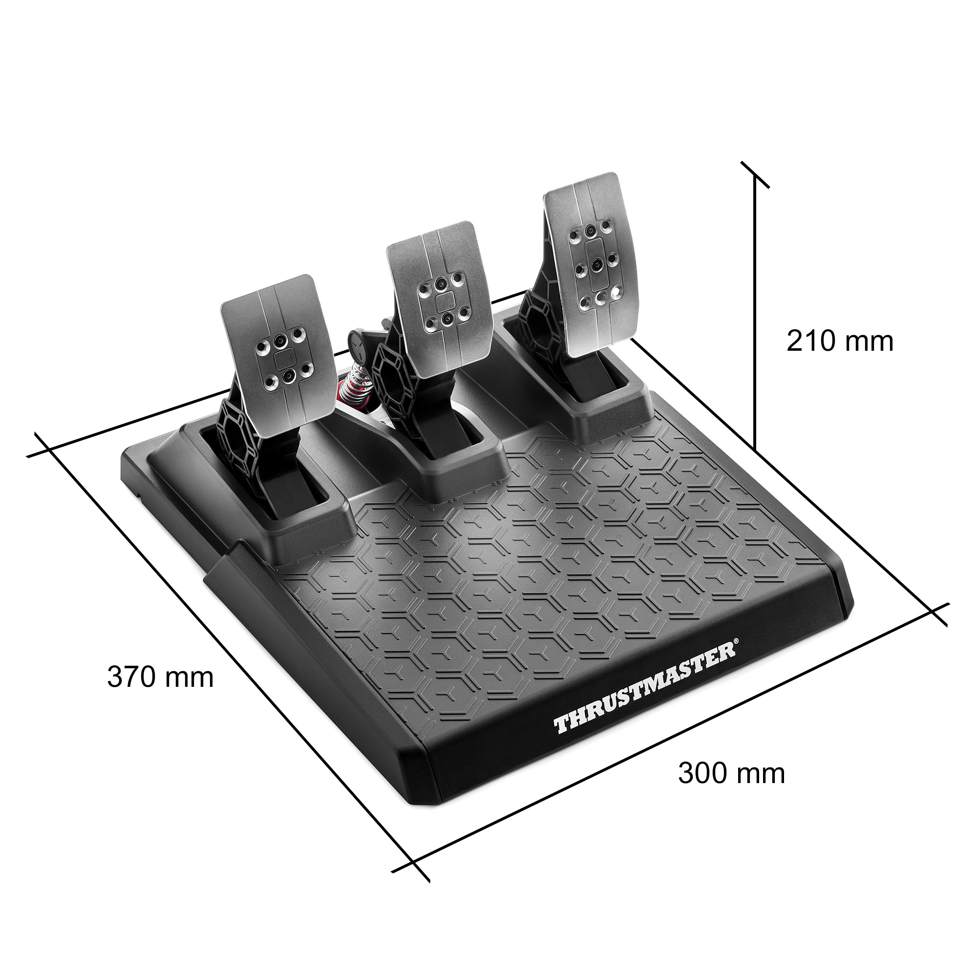 Ein schwarzes Thrustmaster-Pedal-Set mit drei silbernen Pedalen. Abmessungen: 370 mm x 300 mm x 210 mm.