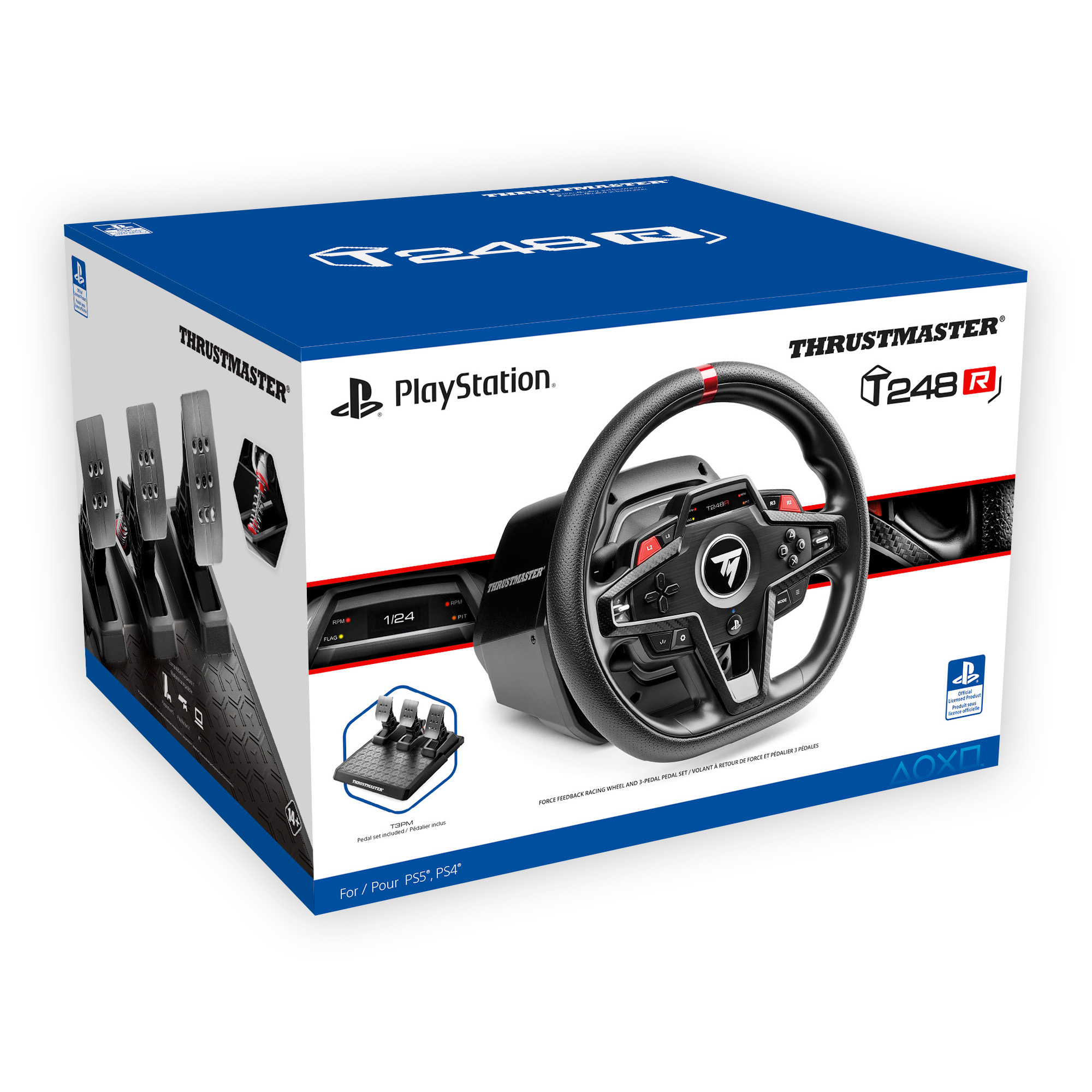 Eine Thrustmaster T248R Rennlenkradbox. Sie enthält ein Lenkrad, Pedale und ist mit PS5- und PS4-Konsolen kompatibel.