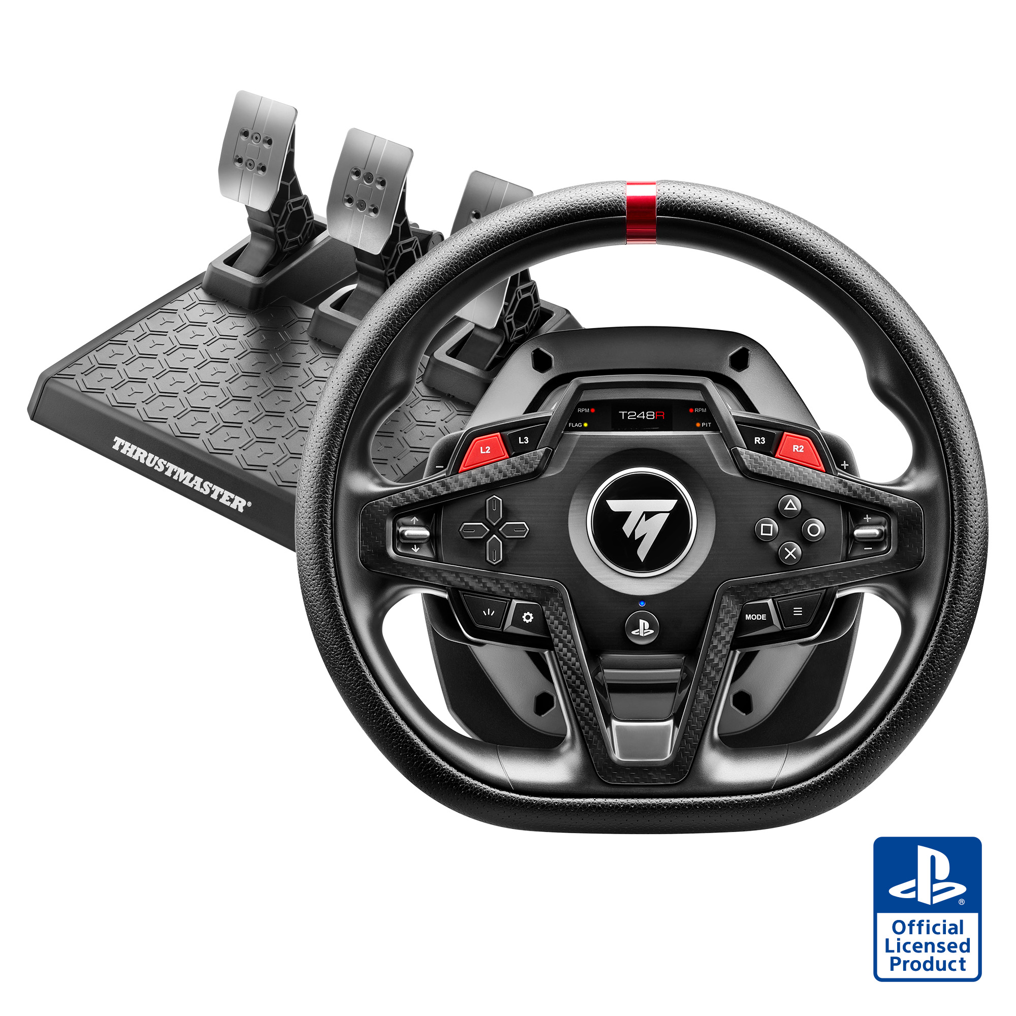 Ein Thrustmaster T248R Rennlenkrad und Pedal-Set. Schwarzes Lenkrad mit roten Akzenten, Knöpfen und einem PlayStation-Logo. Pedale links.