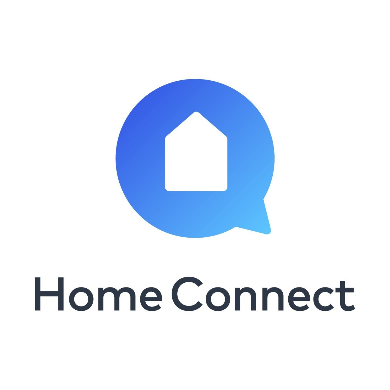 Logo con fumetto blu e icona casa, e la scritta 'Home Connect' in blu scuro sotto.