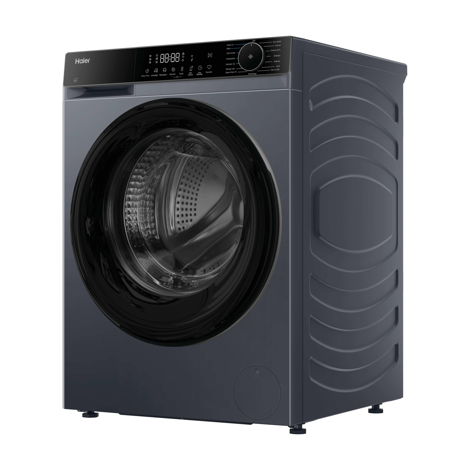 Una lavatrice Haier grigio scuro. Ha un display digitale, una porta a vetro e vari pulsanti di controllo.