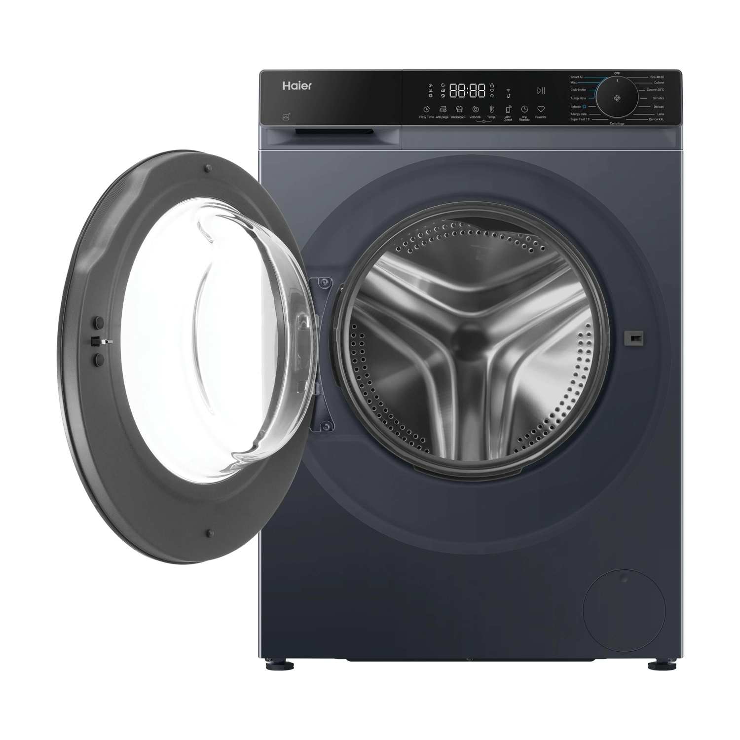 Una lavatrice Haier grigio scuro con la porta aperta. Il cestello è visibile. Il pannello di controllo e il display digitale sono in alto.