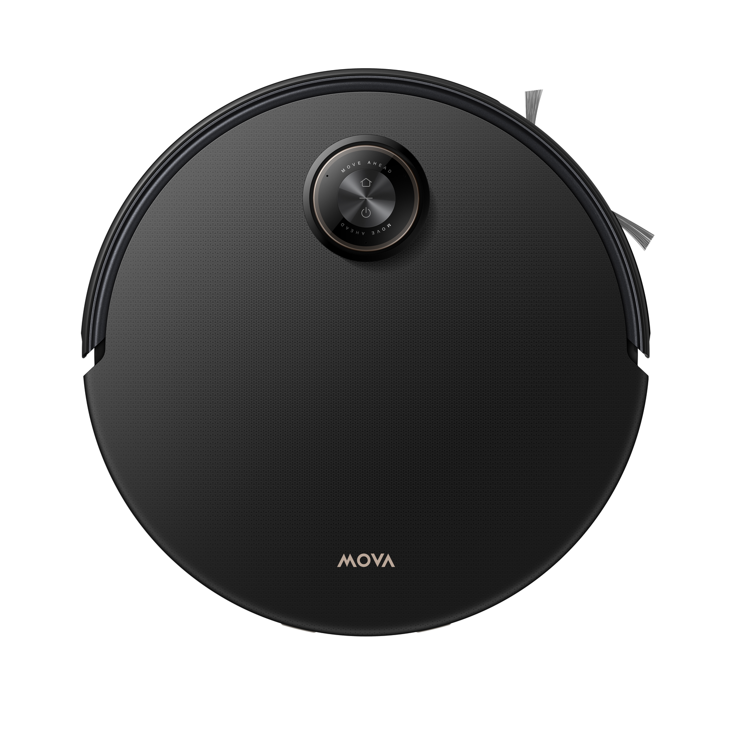 A black, circular robot vacuum with a power button and the word 'MOVA'. It has a textured surface and a small brush.