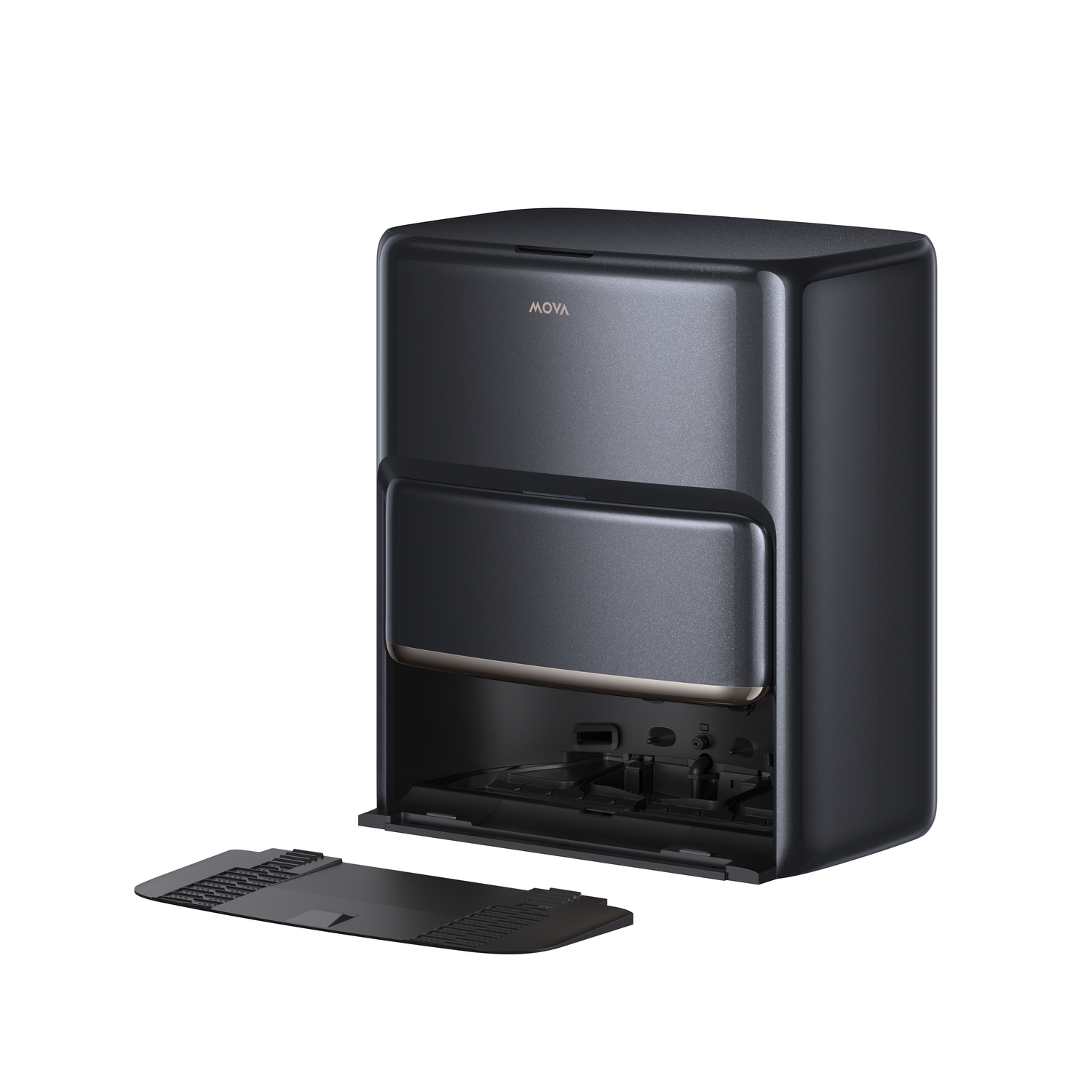 A black MOVA robot vacuum cleaner docking station with an open compartment and detached cleaning pad. The background is white.