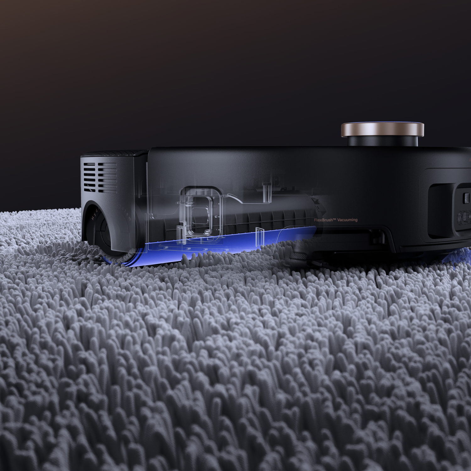 A black robotic vacuum cleaner on a gray shag carpet. The vacuum has a transparent section showing internal parts. The background is dark.