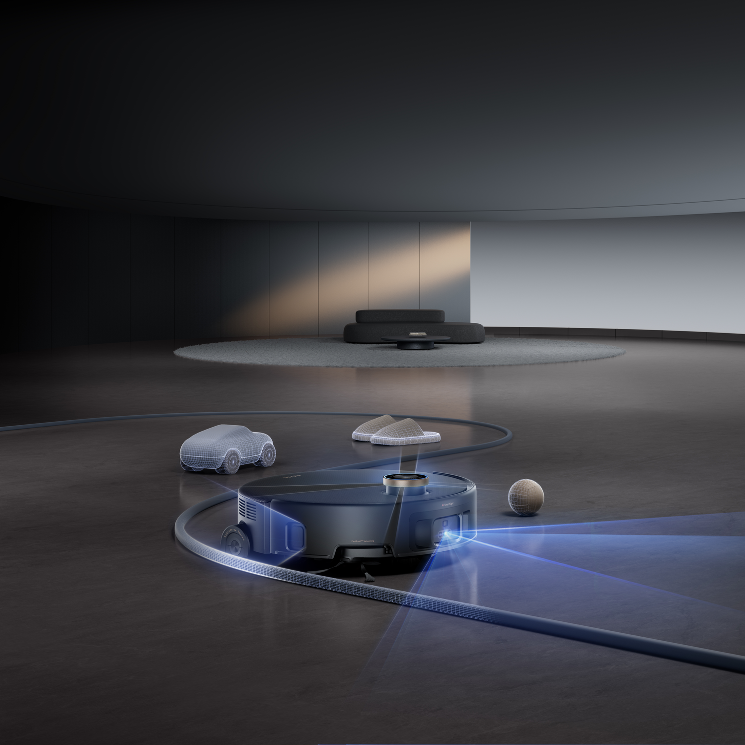 A robot vacuum cleaner with a wireframe car, slippers, and a ball. Background shows a dark room with a sofa on a round rug.