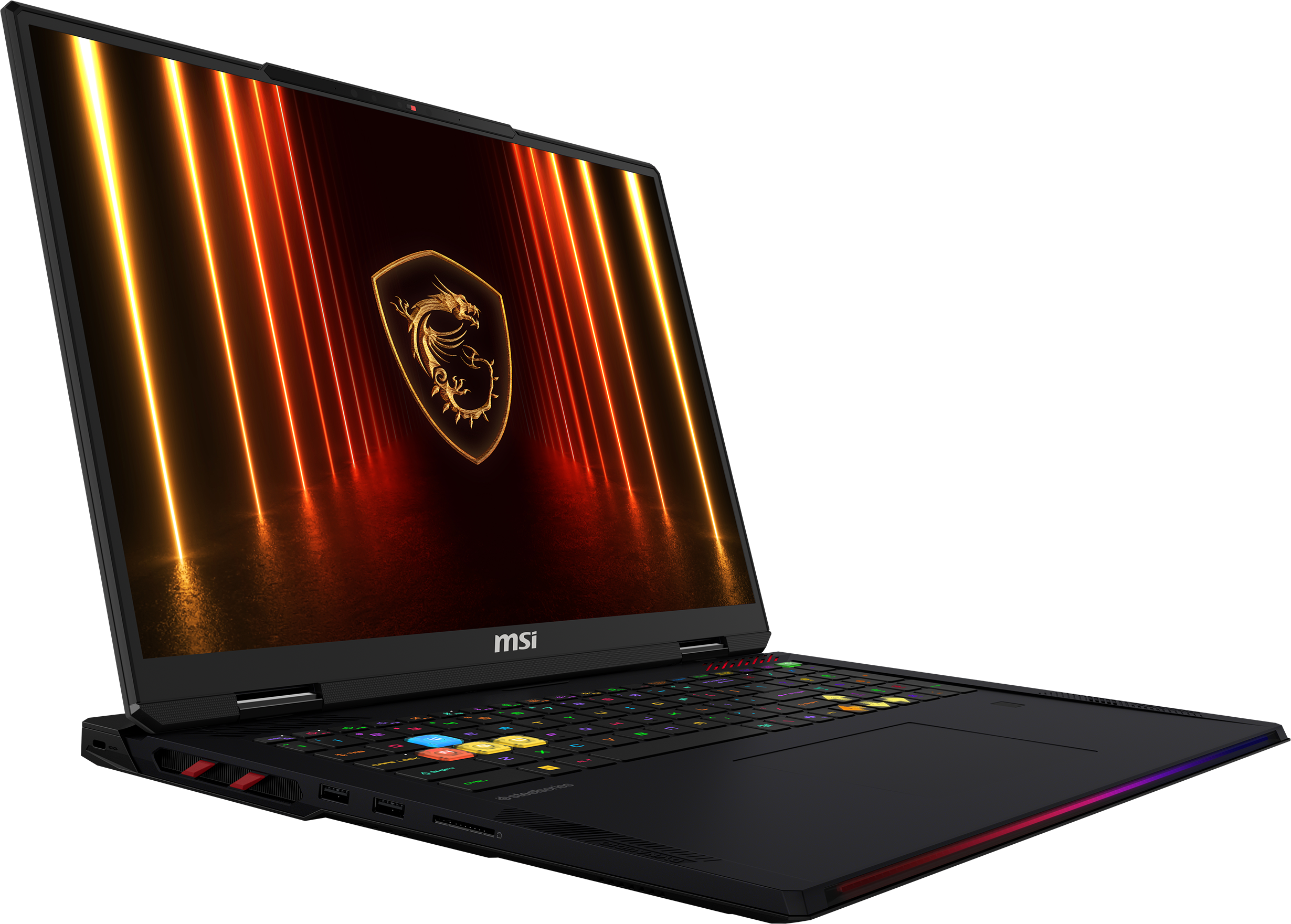 Laptop nero con schermo luminoso che mostra un logo a forma di drago. Tastiera con tasti colorati. Accenti di luce rossa e gialla.