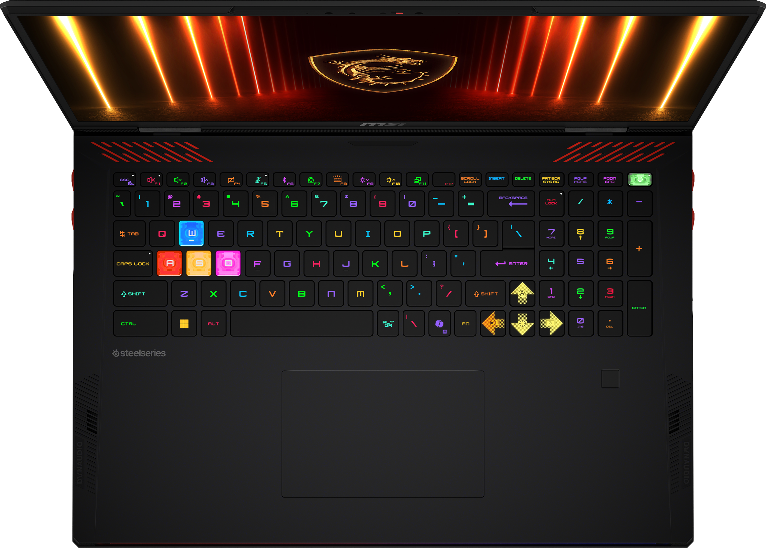 Vista dall'alto di un laptop con tastiera luminosa e schermo con logo.