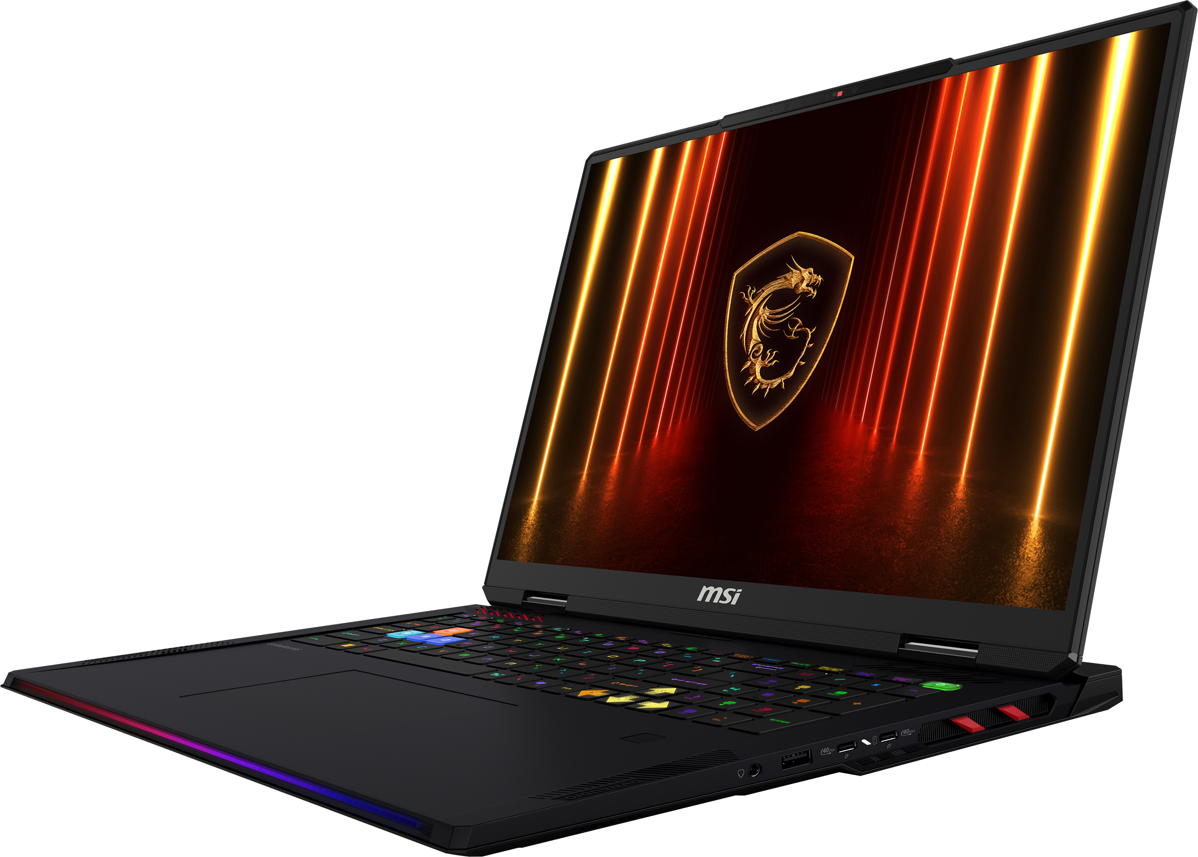 Un laptop MSI nero con tastiera colorata. Lo schermo mostra una grafica infuocata con un logo a drago.