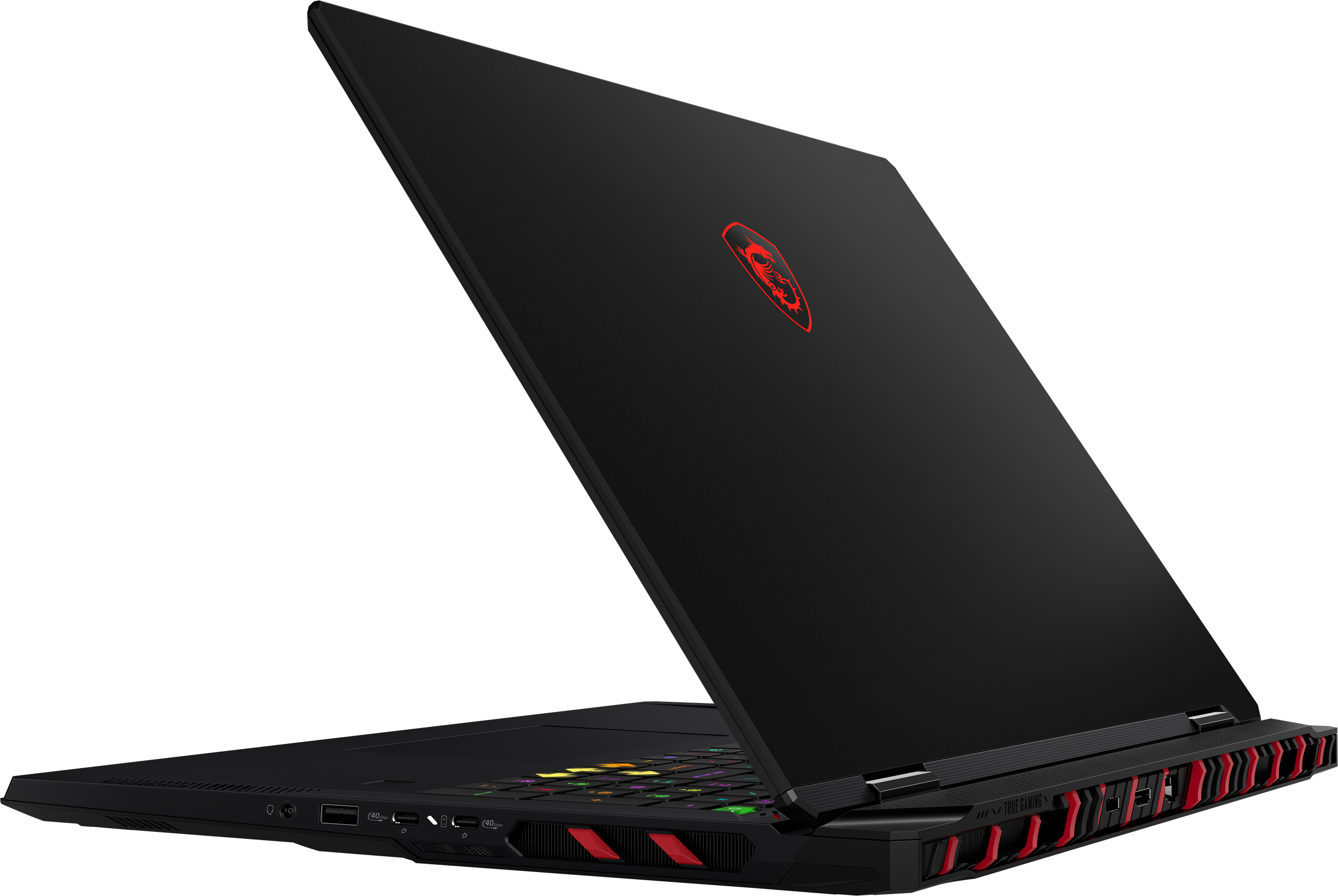 Laptop nero aperto ad angolo. Lo schermo mostra un logo rosso. Tastiera visibile con tasti colorati.