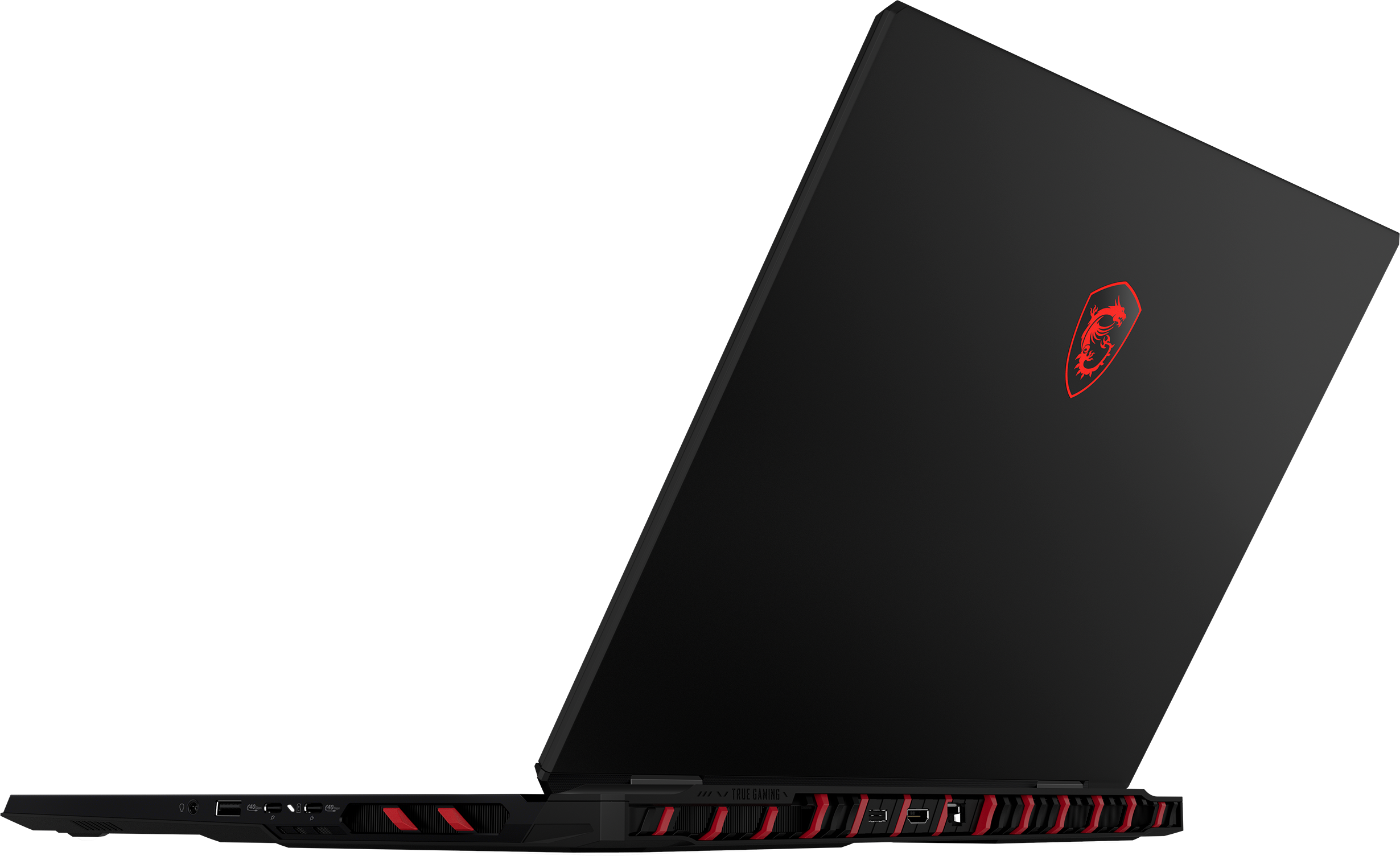Laptop nero con dettagli rossi, logo MSI, aperto ad angolo. Porte visibili sul lato. Sfondo nero e bianco.