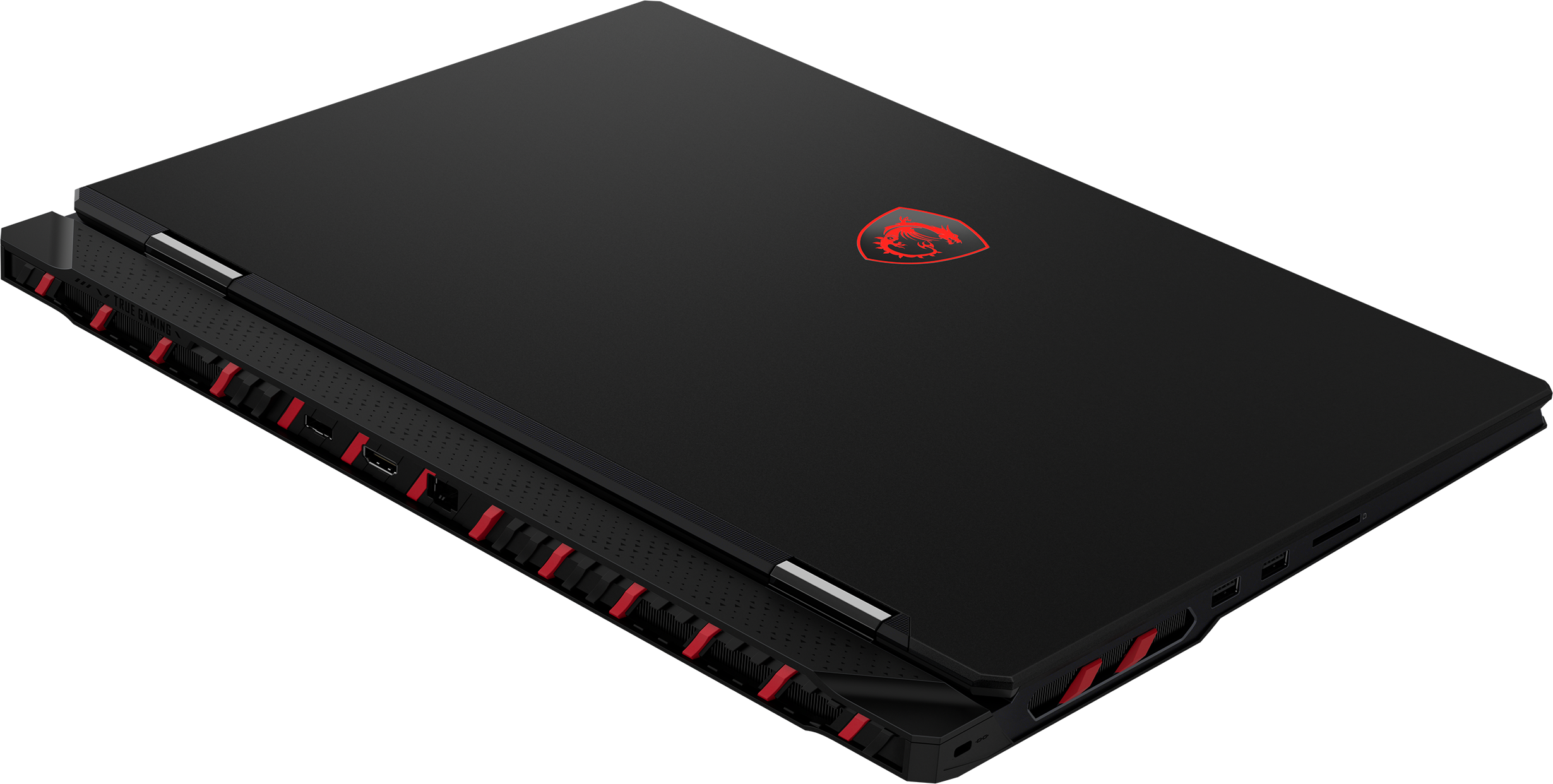 Laptop nero con dettagli rossi. Il logo MSI è visibile. Il laptop è angolato, mostrando il suo design e le porte.
