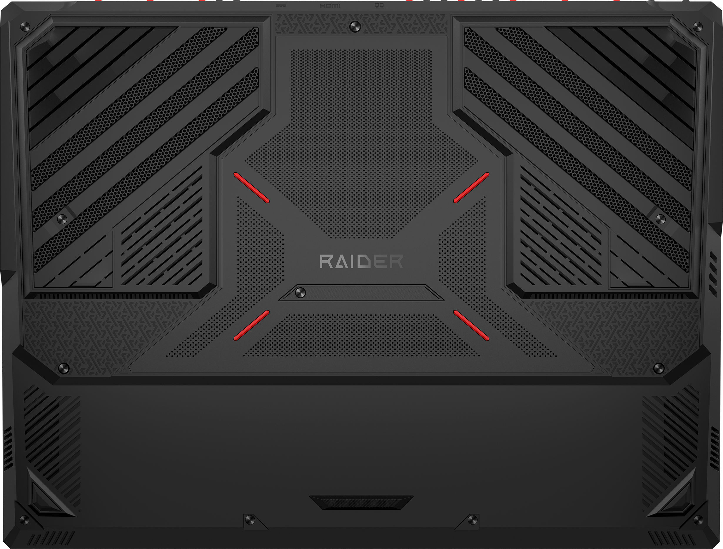 Parte superiore del laptop nera con prese d'aria diagonali, accenti rossi e la scritta 'RAIDER'. Sezioni perforate e finitura opaca.