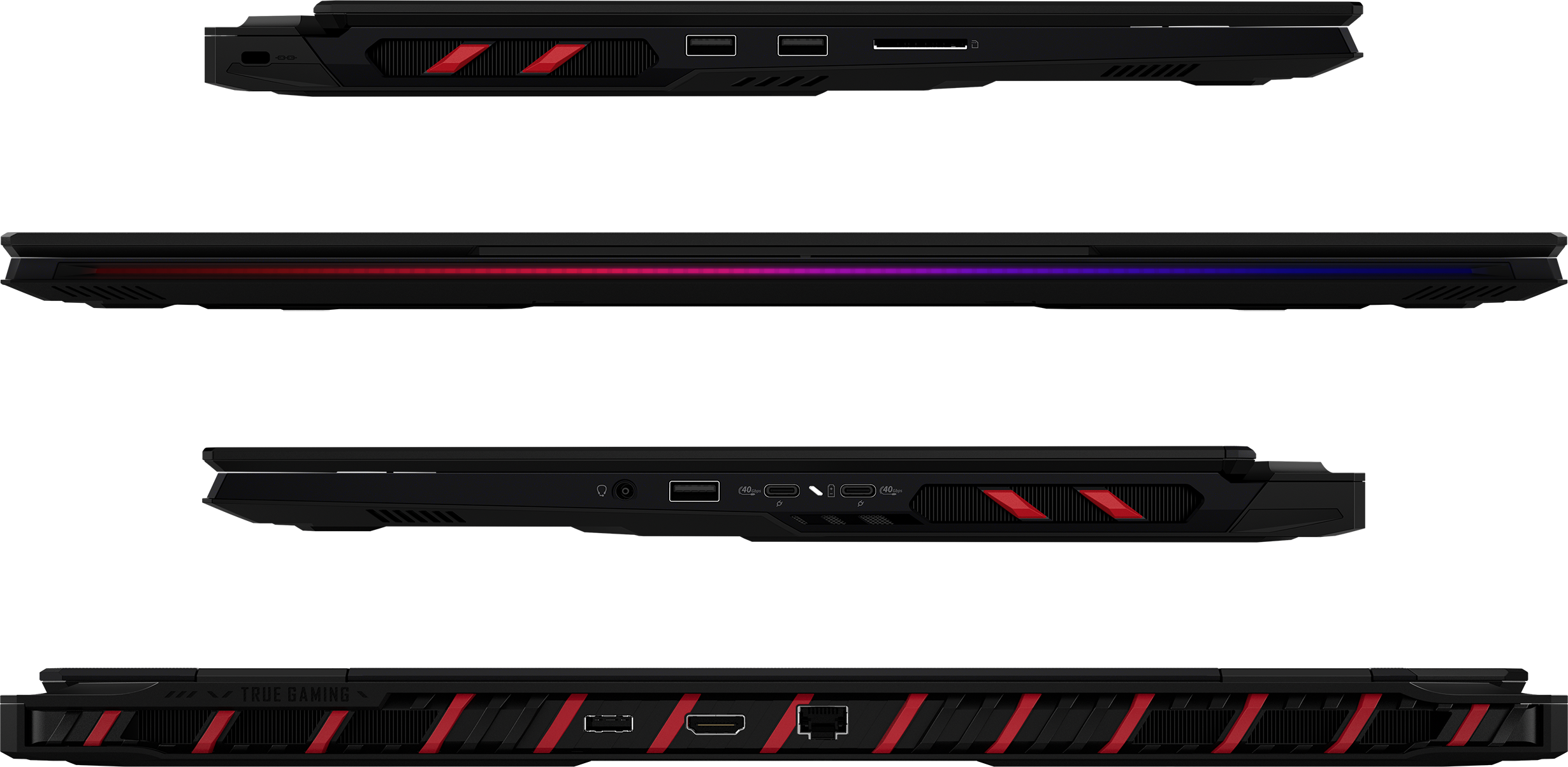 Laptop nero con dettagli rossi, visto da più angolazioni. Presenta porte, prese d'aria e una striscia luminosa.