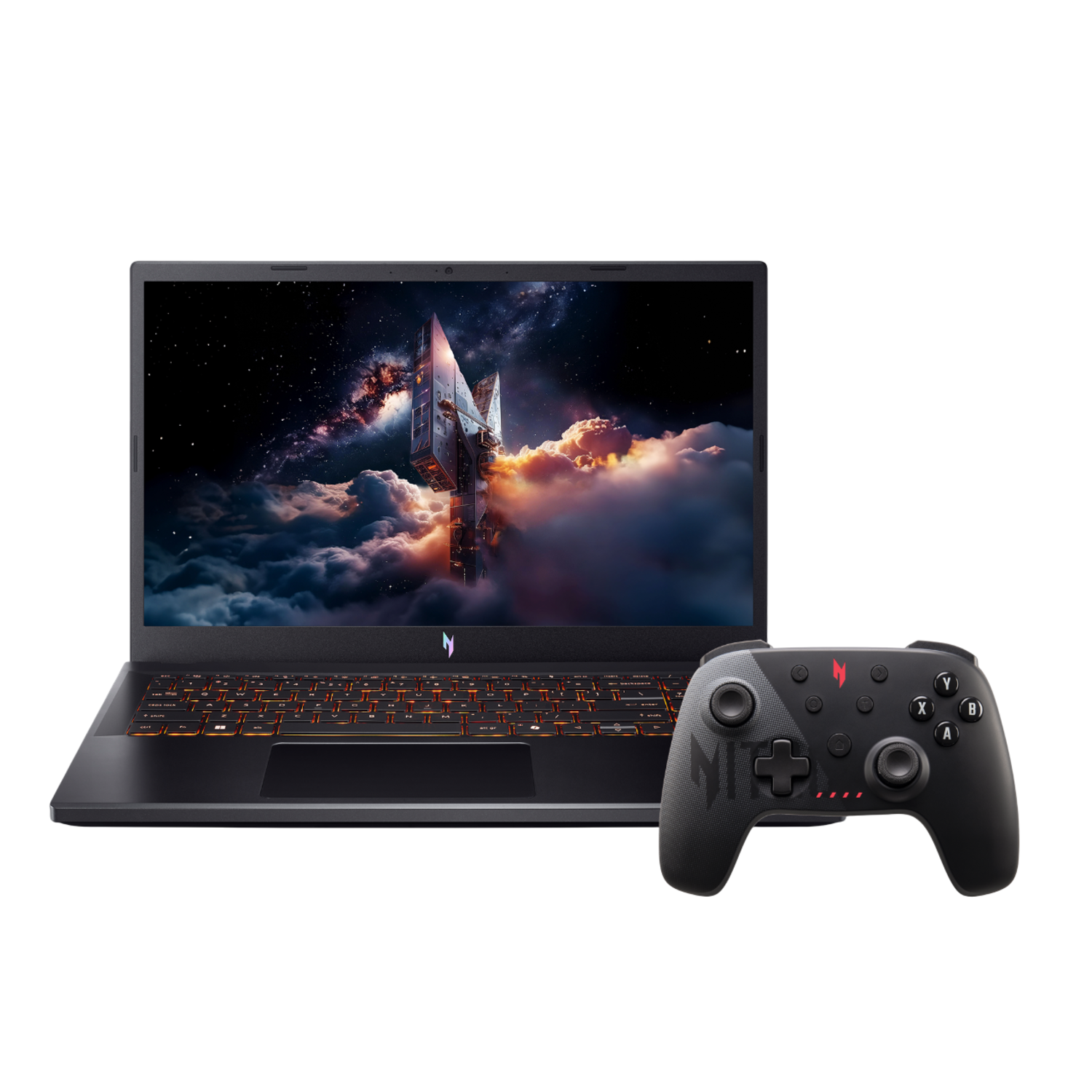 Zwarte gaming laptop met verlicht toetsenbord en controller. Het scherm toont een ruimteschip boven de wolken.