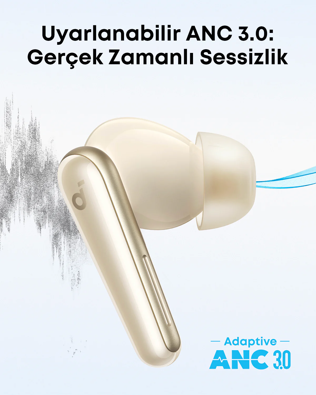 Altın detaylara sahip açık renkli kulaklıklar. Üstte metin: 'Uyarlanabilir ANC 3.0: Gerçek Zamanlı Sessizlik'. Altta mavi çizgiler ve metin.