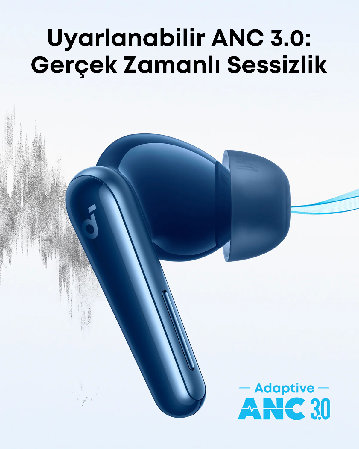 Mavi bir kablosuz kulaklık, izleyiciye doğru eğilmiş, üstünde 'Uyaralanabilir ANC 3.0: Gerçek Zamanlı Sessizlik' yazısı.