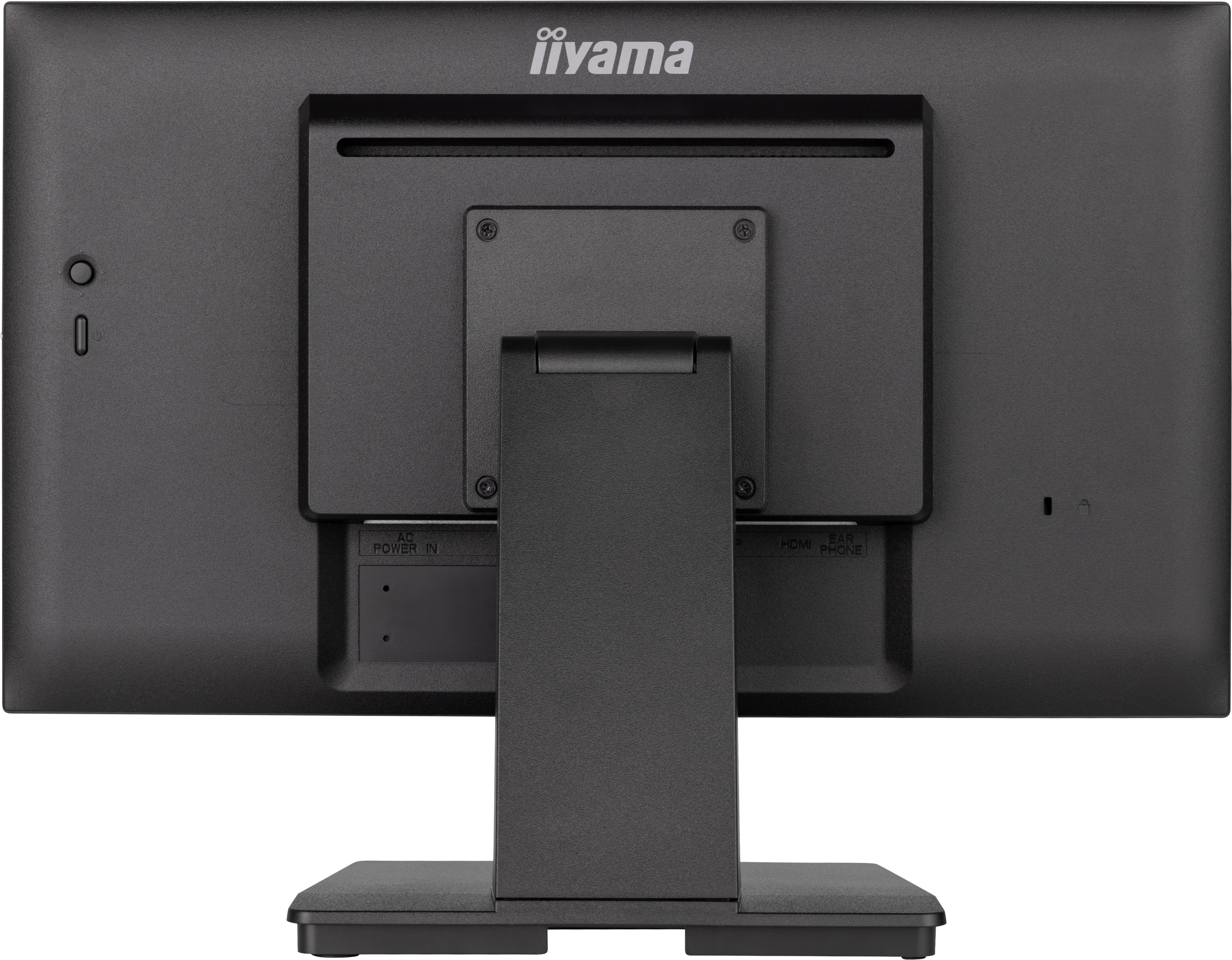 Rückseite eines schwarzen Computermonitors mit der Marke iiyama. Enthält Anschlüsse für Strom, HDMI und Kopfhörer.