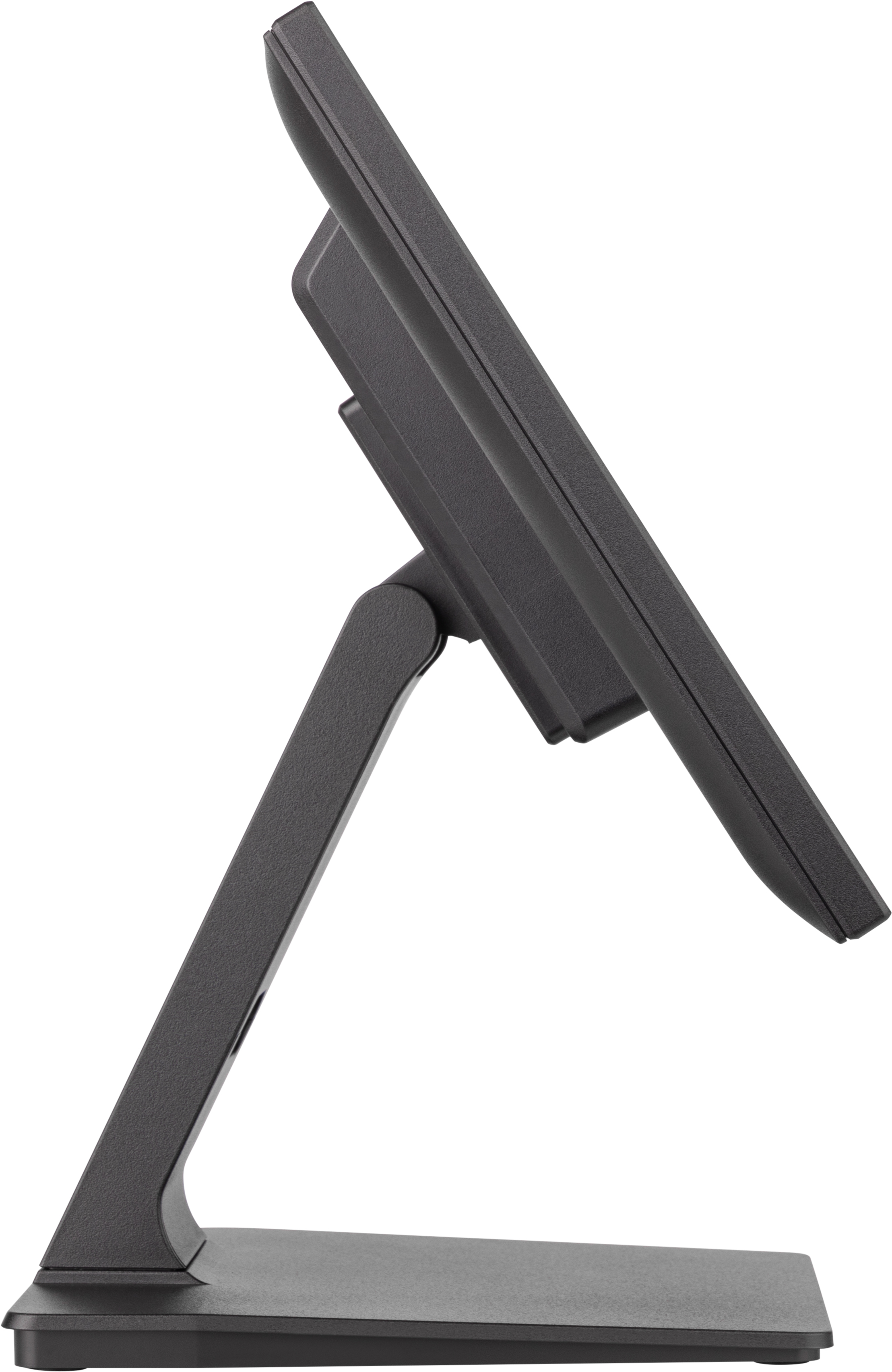 Ein dunkelgrauer Computermonitor, seitlich abgewinkelt, steht auf einem Ständer vor weißem Hintergrund.