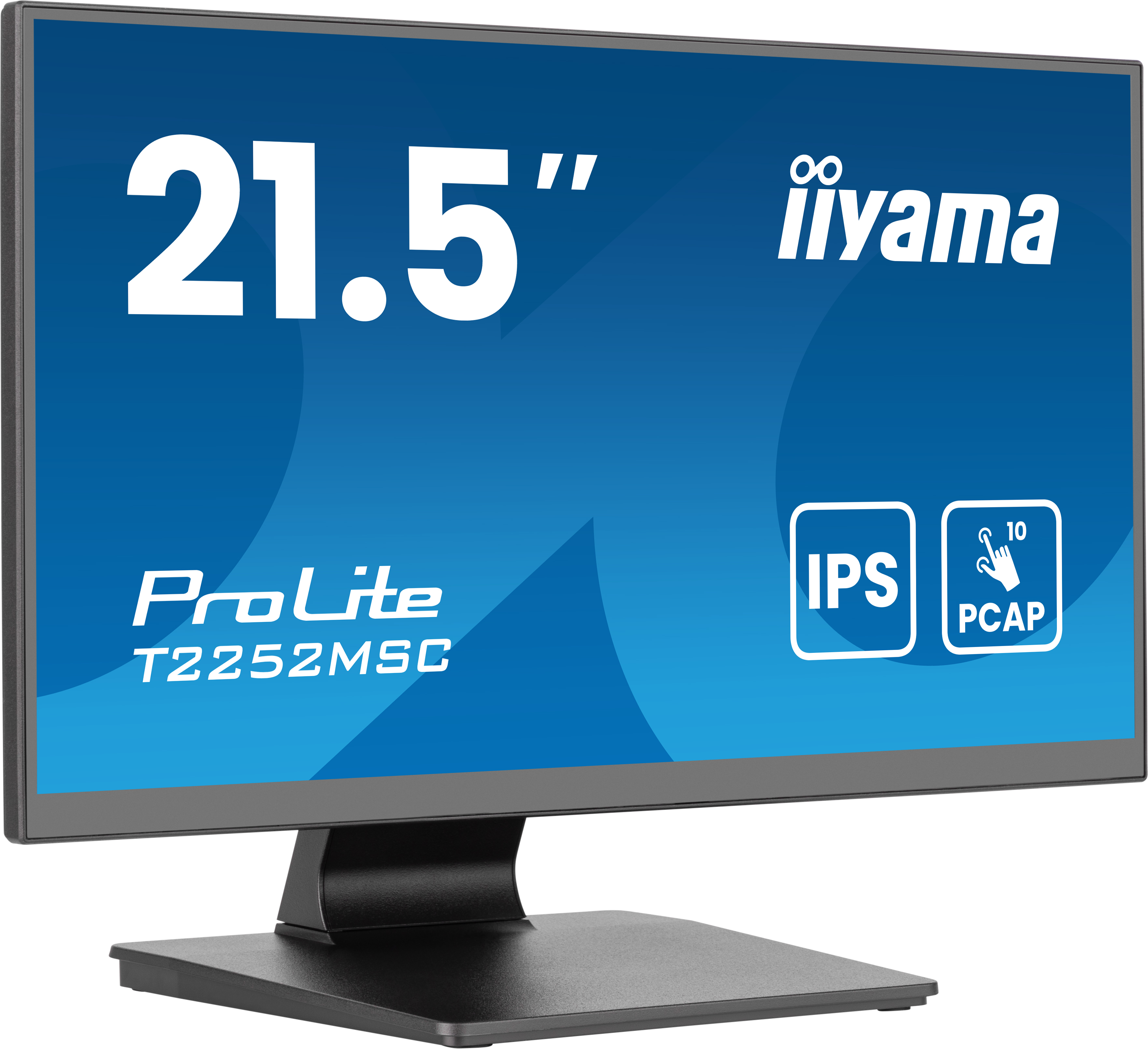 Ein 21,5-Zoll-Iiyama ProLite-Monitor. Er verfügt über IPS- und PCAP-Funktionen mit blauem Bildschirm und schwarzem Ständer.