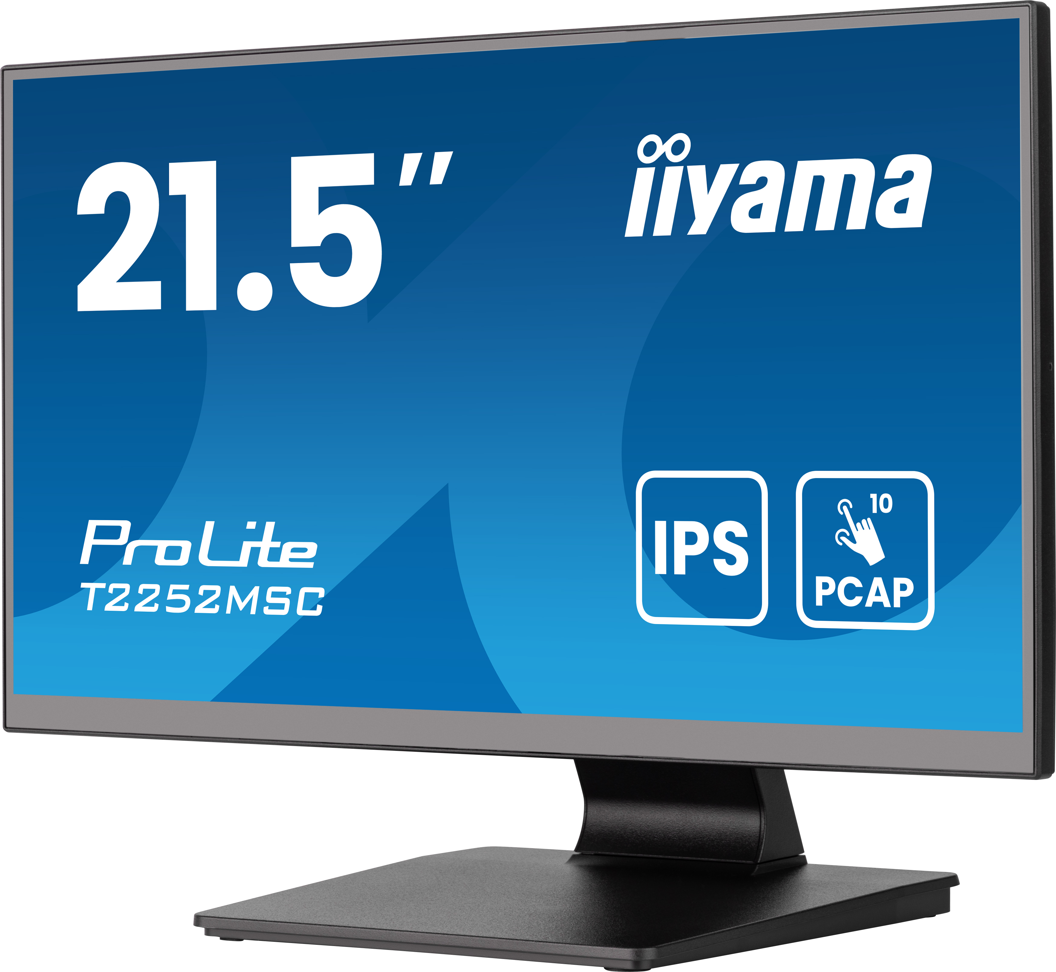 Ein 21,5" Iiyama-Monitor. Es hat IPS, PCAP und ProLite T2252MSC-Branding auf blauem Hintergrund. Schwarzer Ständer.
