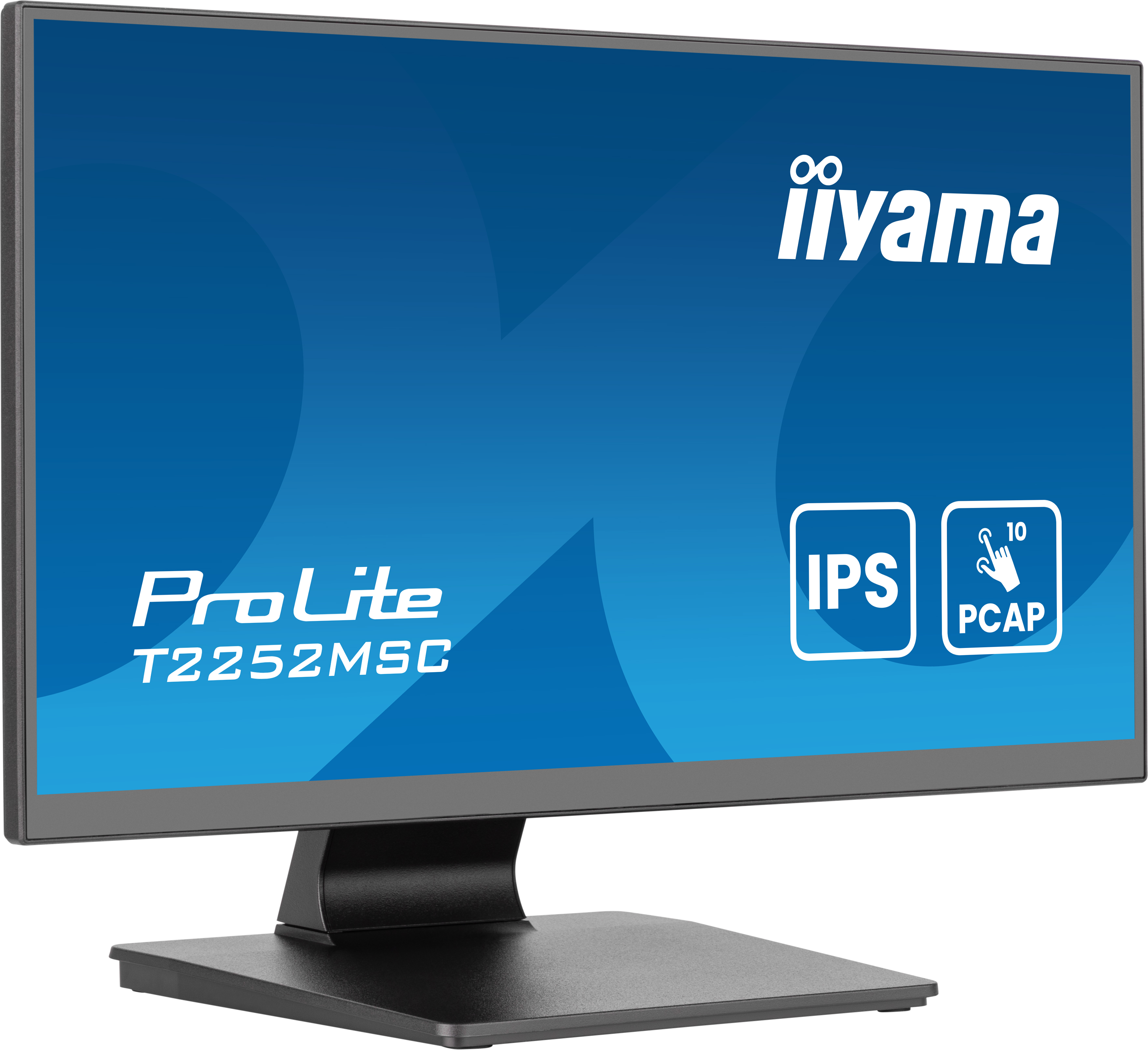 Ein Computermonitor mit blauem Bildschirm, schwarzem Ständer und weißem Text. Die Marke ist iiyama ProLite.