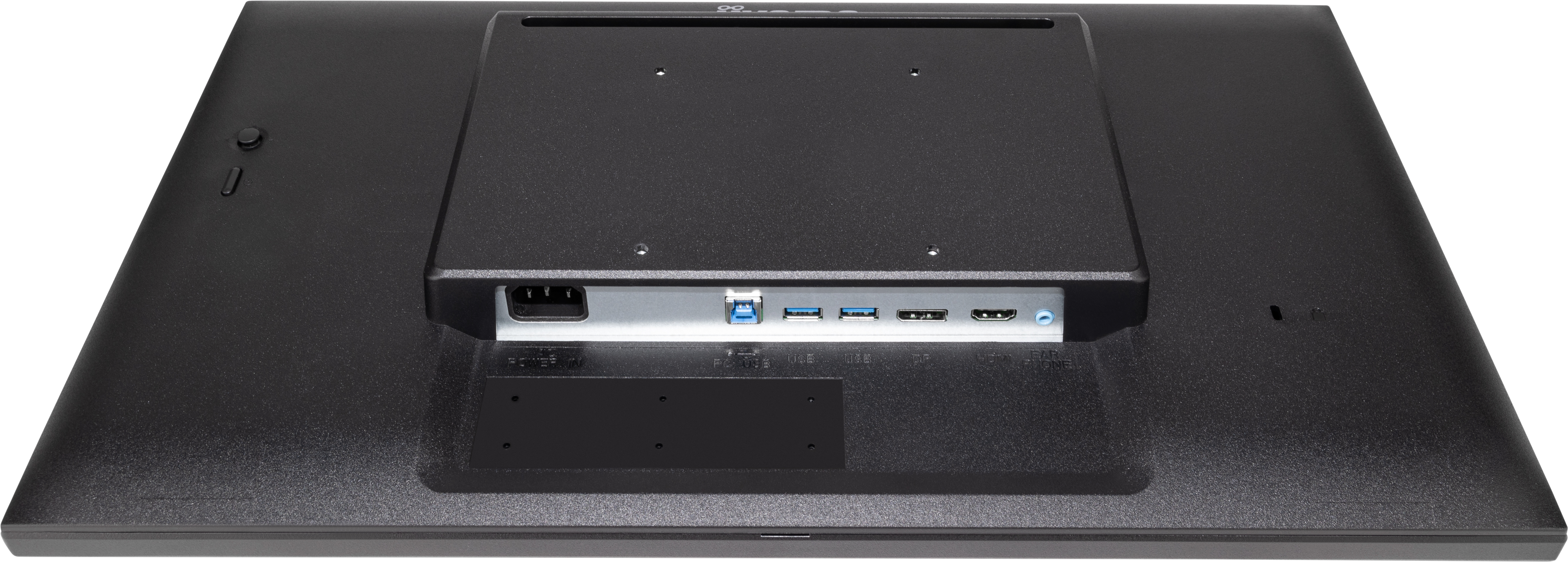 Rückseite eines schwarzen Computermonitors. Es hat Anschlüsse für Strom, USB, HDMI und Kopfhöreranschluss.