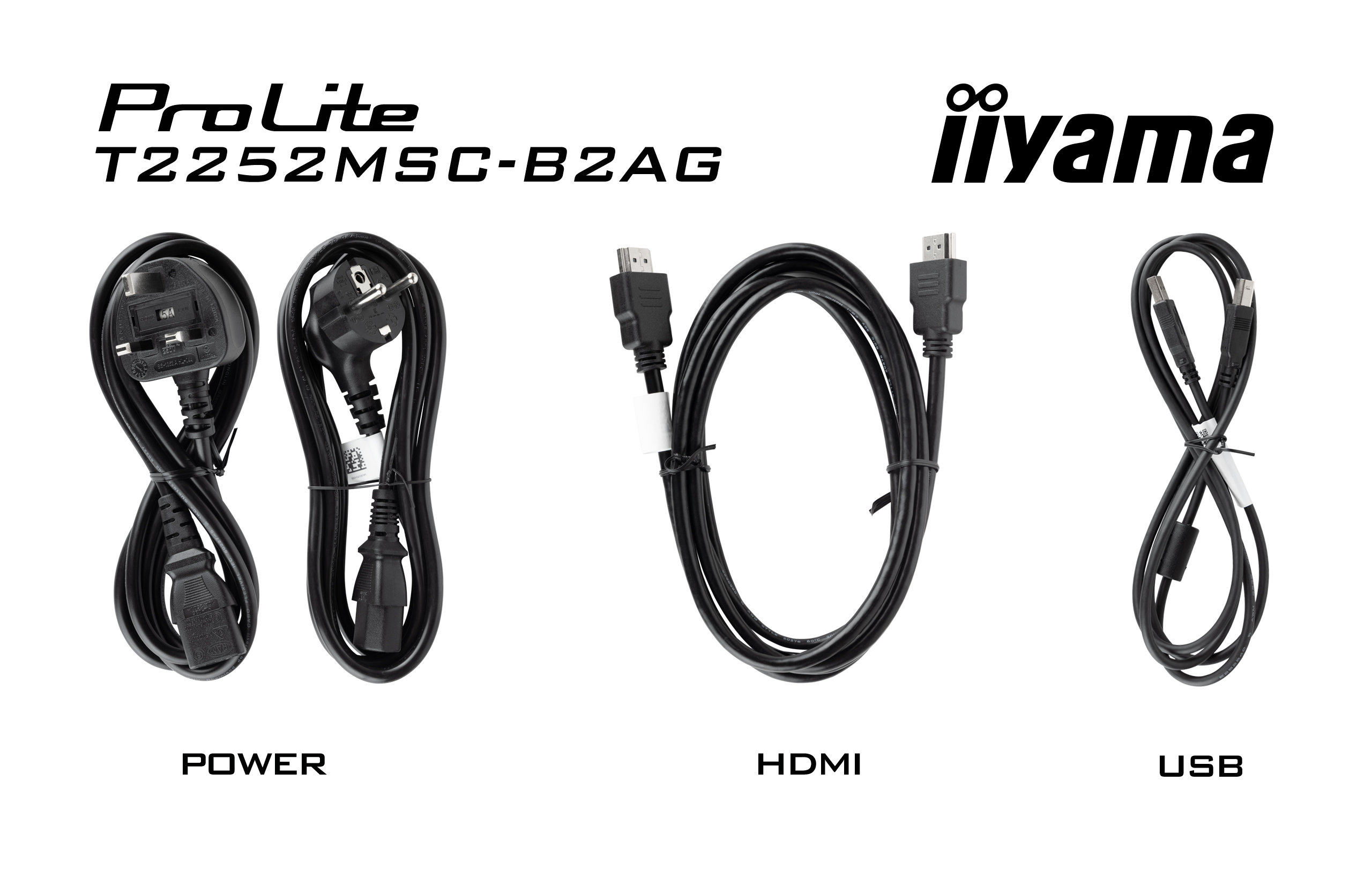 Das Bild zeigt Strom-, HDMI- und USB-Kabel. Jedes Kabel ist schwarz und entsprechend beschriftet. Der Hintergrund ist weiß.