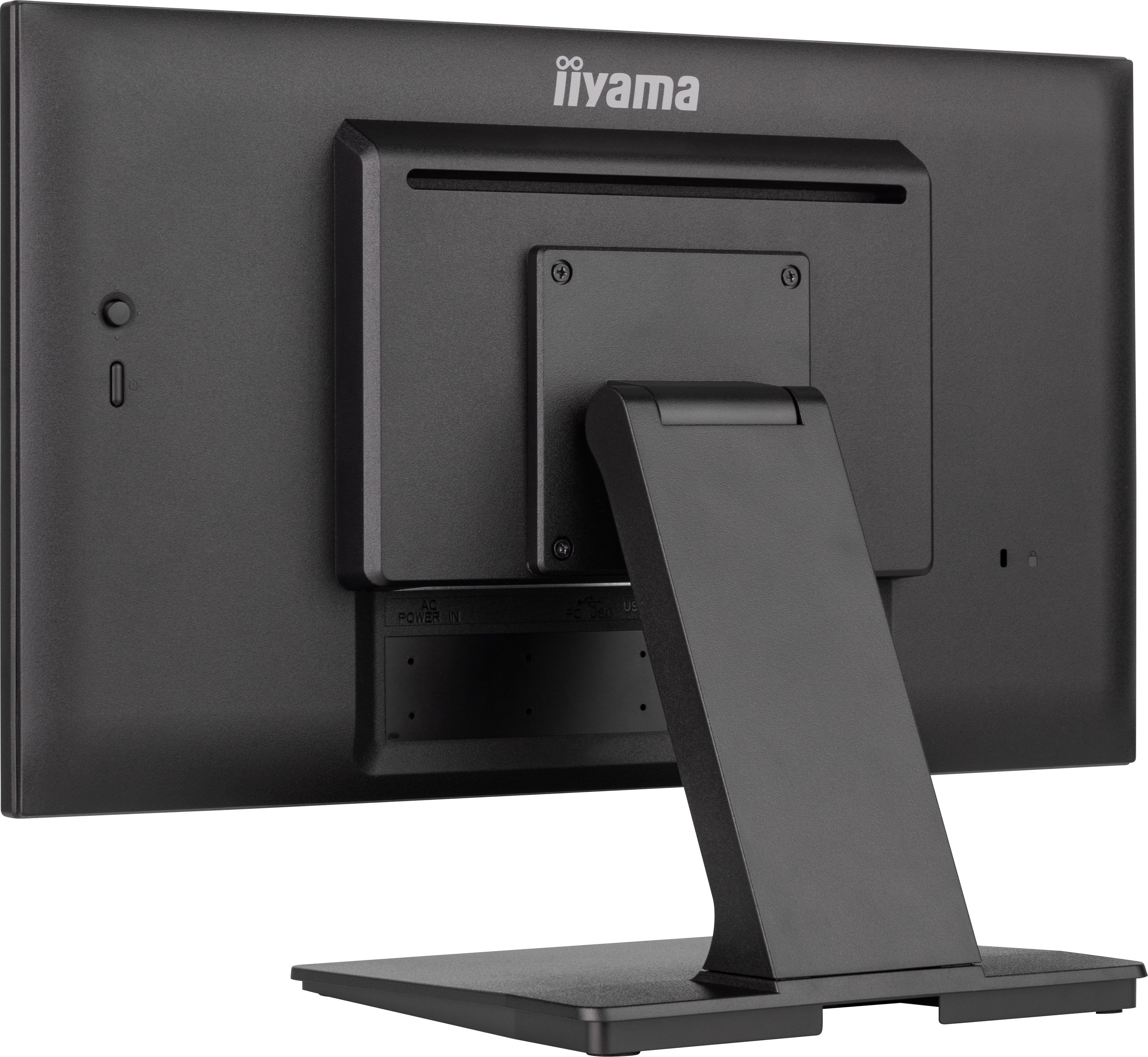 Rückseite eines schwarzen Computermonitors. Er hat einen Ständer und das iiyama-Logo. AC-Strom- und USB-Anschlüsse sind sichtbar.