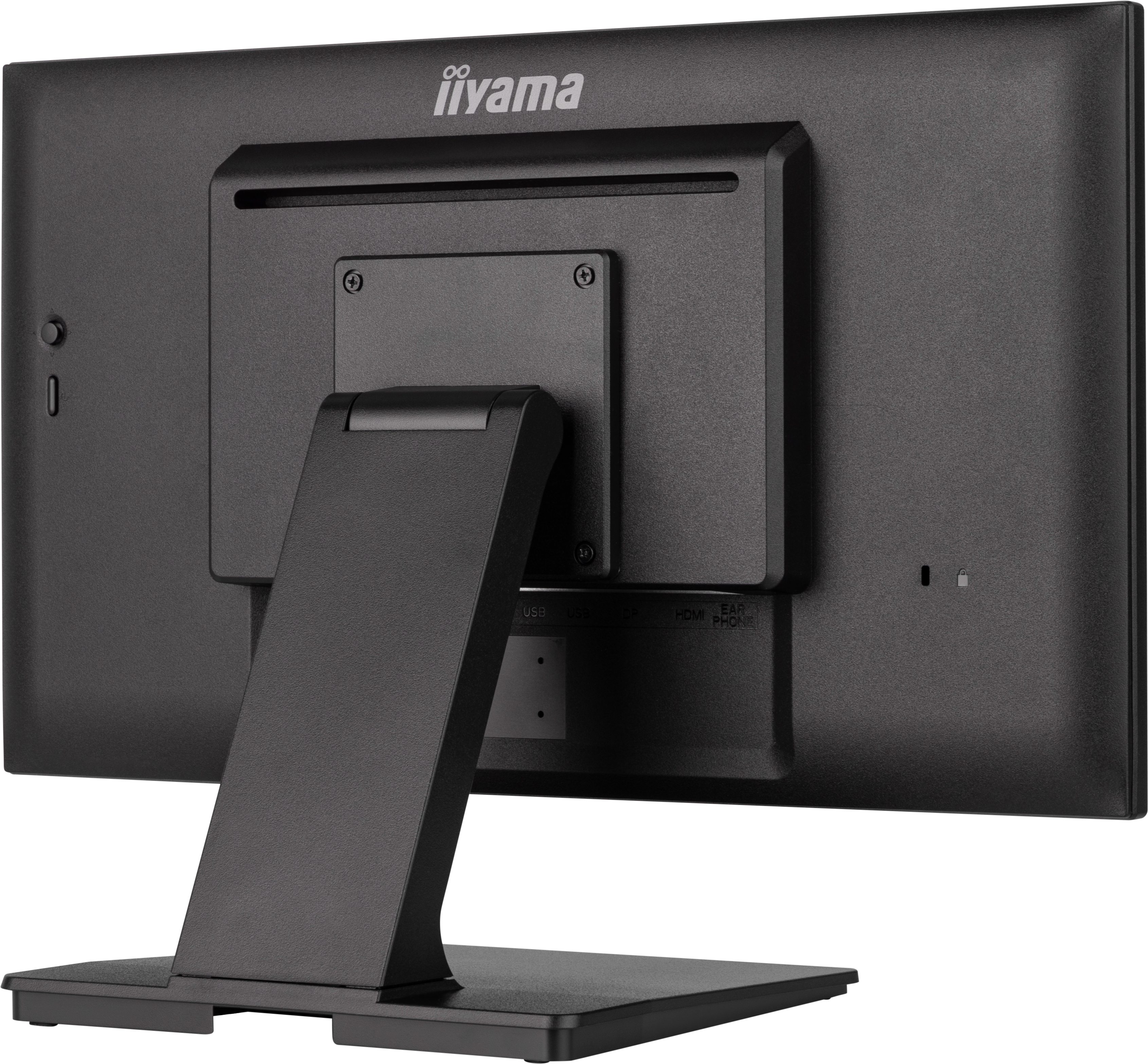 Rückseite eines schwarzen Computermonitors mit Ständer. Die Marke ist iiyama. Anschlüsse für USB, HDMI und Kopfhörer sind sichtbar.