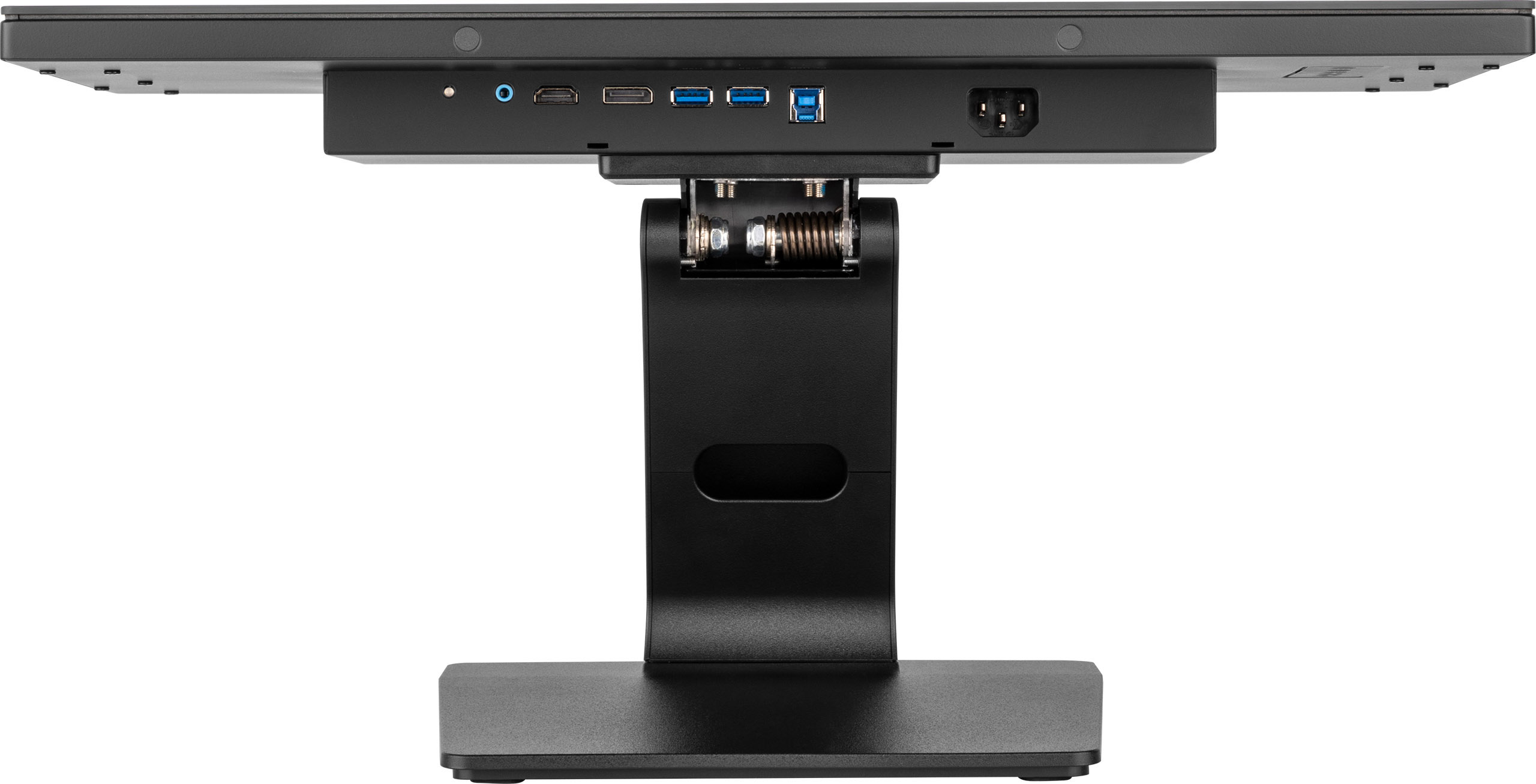 Ein schwarzer Computermonitor von hinten gesehen. Er hat Anschlüsse und einen Ständer. Der Hintergrund ist weiß.
