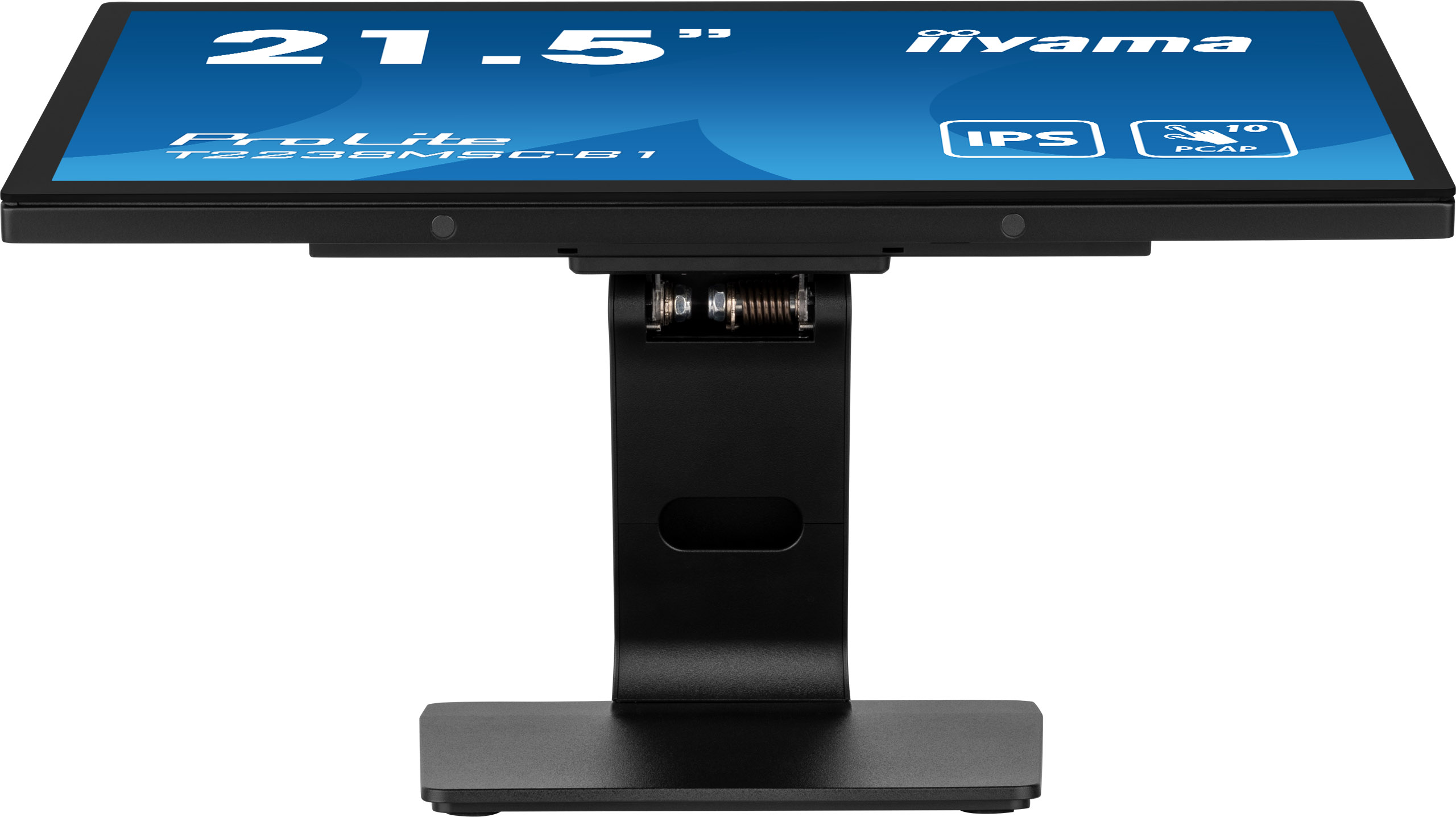 Ein schwarzer Touchscreen-Monitor auf einem schwarzen Ständer. Der Bildschirm zeigt Marken- und Modellinformationen an.