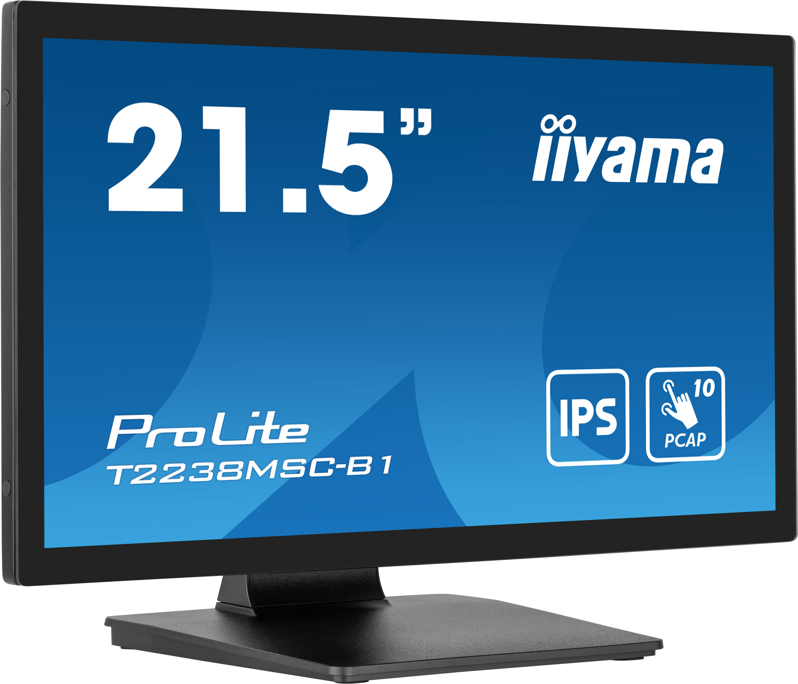 Ein schwarzer Computermonitor zeigt auf blauem Hintergrund '21.5” iiyama ProLite T2238MSC-B1'.