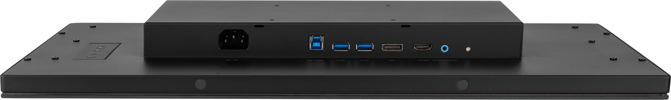 Ein schwarzes Gerät mit verschiedenen Anschlüssen und Eingängen. Enthält USB, HDMI, Audiobuchsen und Stromeingang. Der Hintergrund ist weiß.