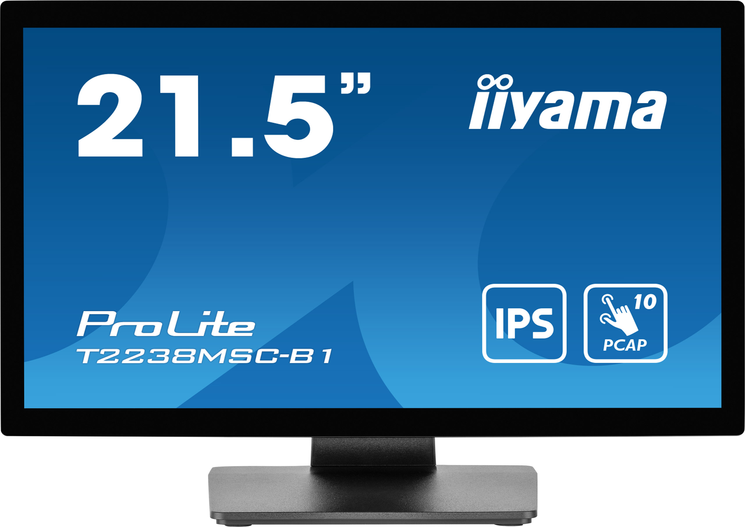 Ein Computermonitor mit schwarzem Rahmen. Er zeigt den Text '21,5"', das iiyama-Logo und Produktinformationen.