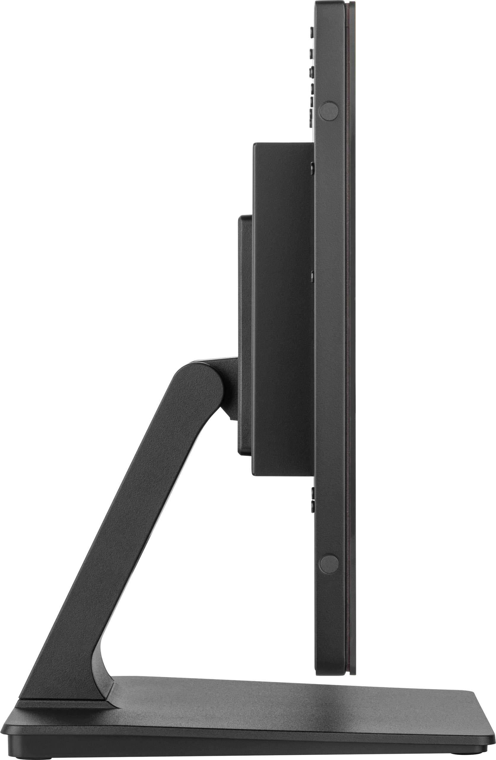 Seitenansicht eines schwarzen Computermonitors auf weißem Hintergrund. Er hat einen Ständer und ein paar Knöpfe.