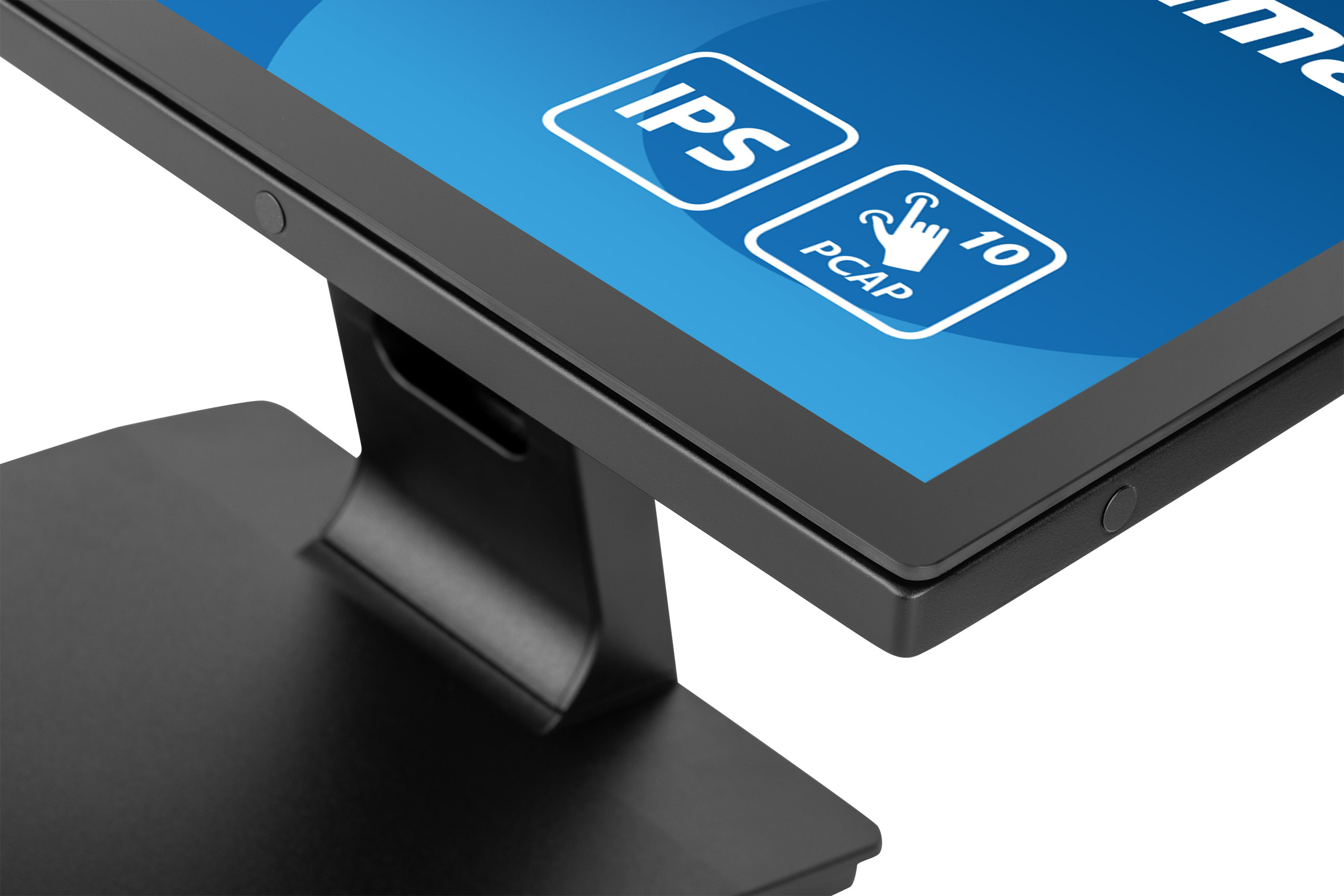 Nahaufnahme eines schwarzen Monitors. Blauer Bildschirm zeigt IPS- und PCAP-Symbole. Der Monitor steht auf einem schwarzen Ständer.